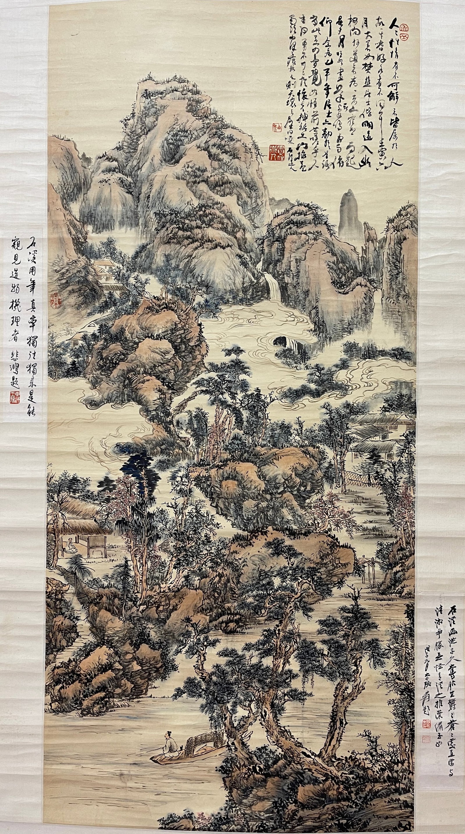 A VERTICAL SCROLL LANDSCAPE PAINTING ON PAPER BY KUN CAN.髡殘: Vertical Scroll Landscape Painting on Paper by Kun Can.髡殘