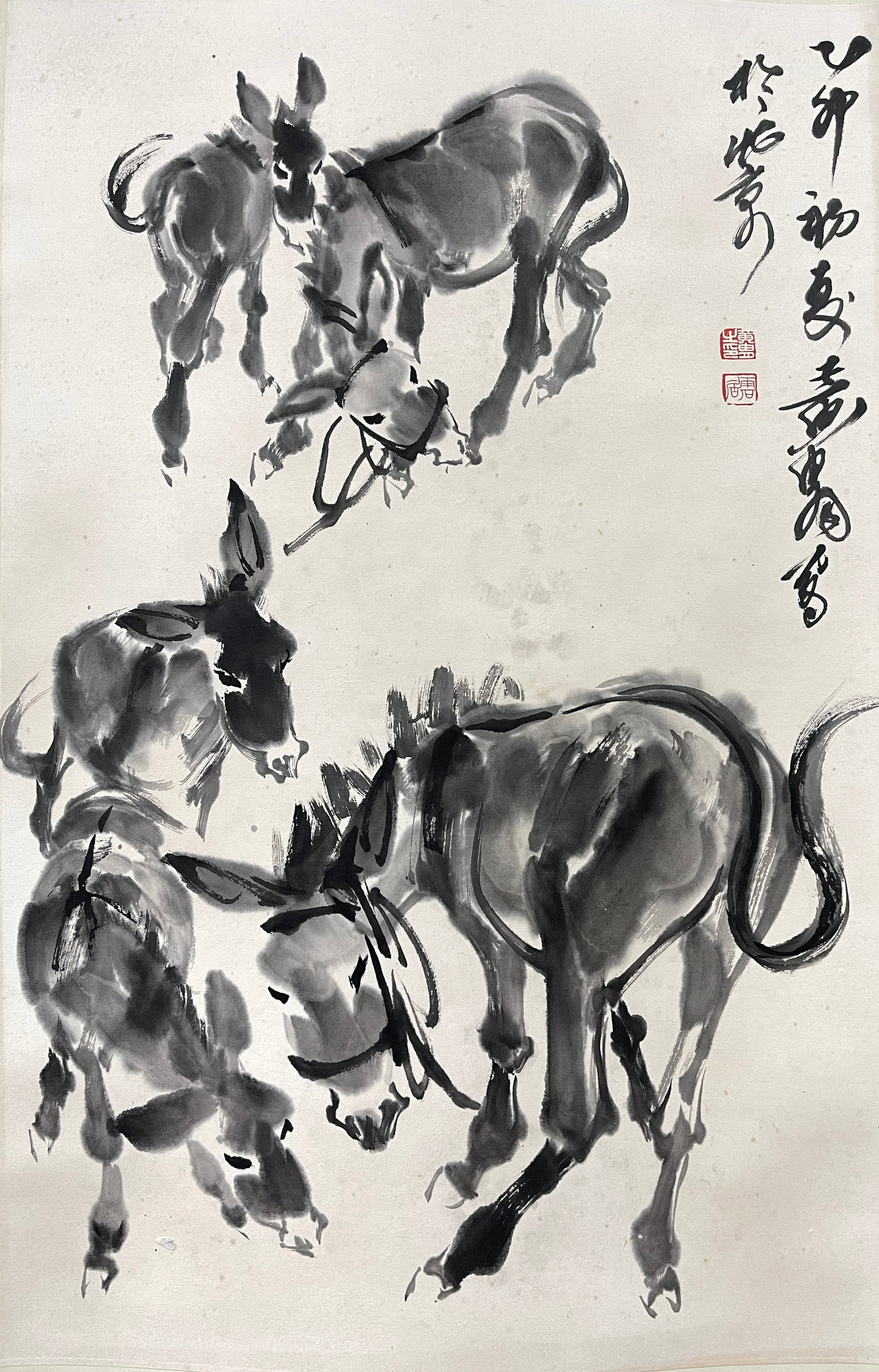 A VERTICAL SCROLL FIVE DONKEYS PAINTING ON PAPER BY HUANG ZHOU.黃胄 (1 of 5)