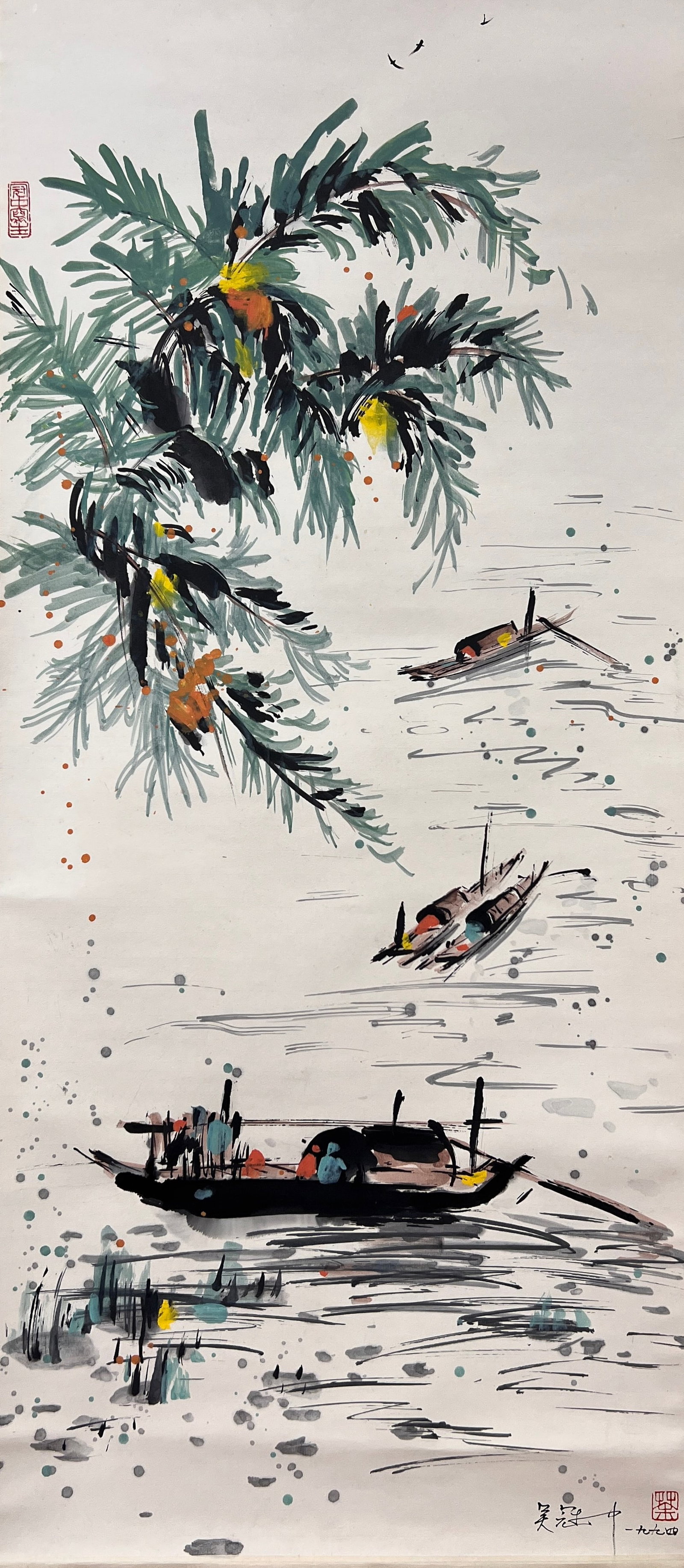 A VERTICAL SCROLL LANDSCAPE PAINTING ON PAPER BY WU GUANZHONG.吳冠中: Vertical Scroll Landscape Painting on Paper by Wu Guanzhong.吳冠中