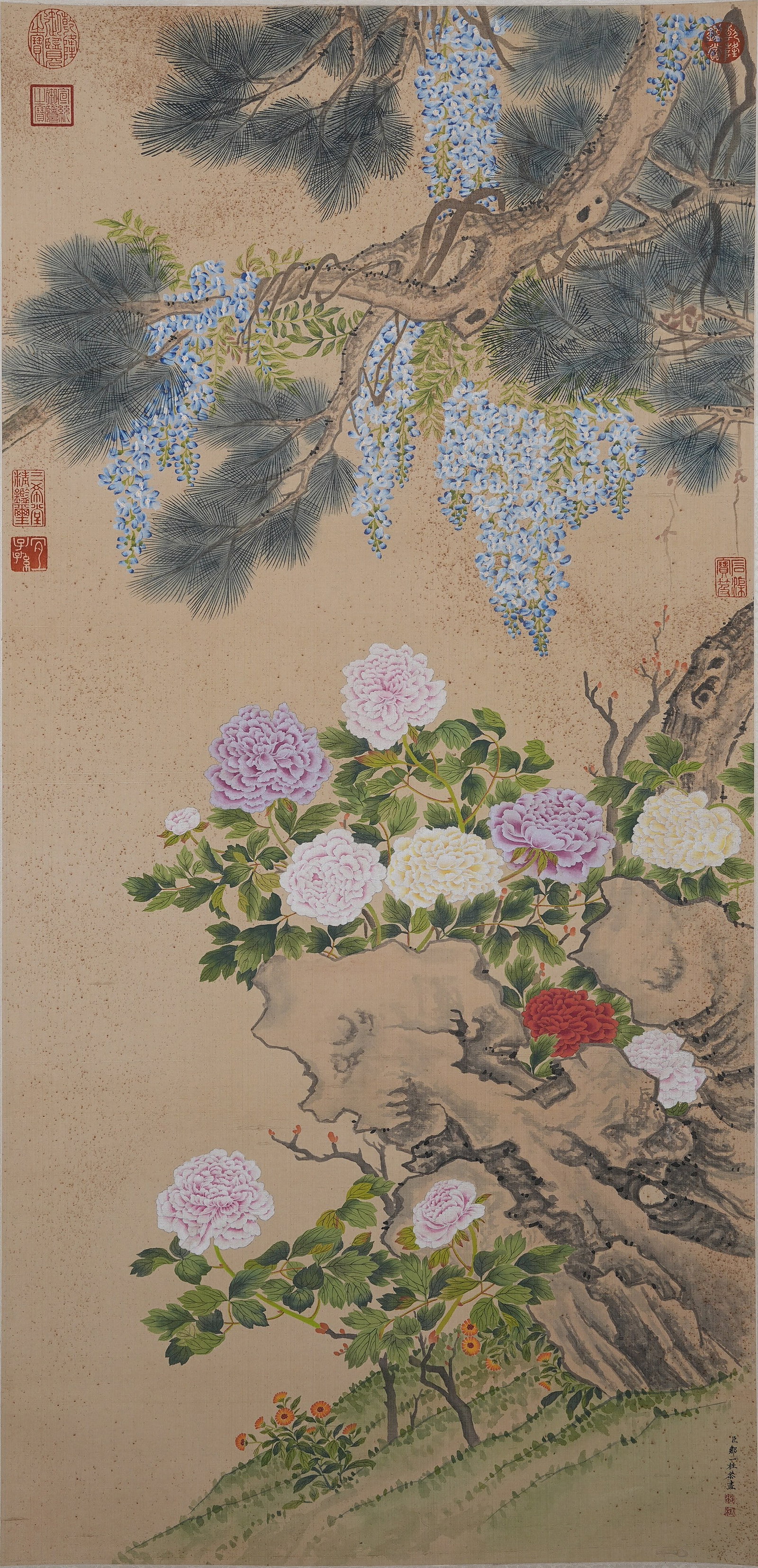 A FLOWER PAINTING ON SILK BY ZOU YIGUI.鄒一桂: Flower Painting on Silk by Zou Yigui.鄒一桂