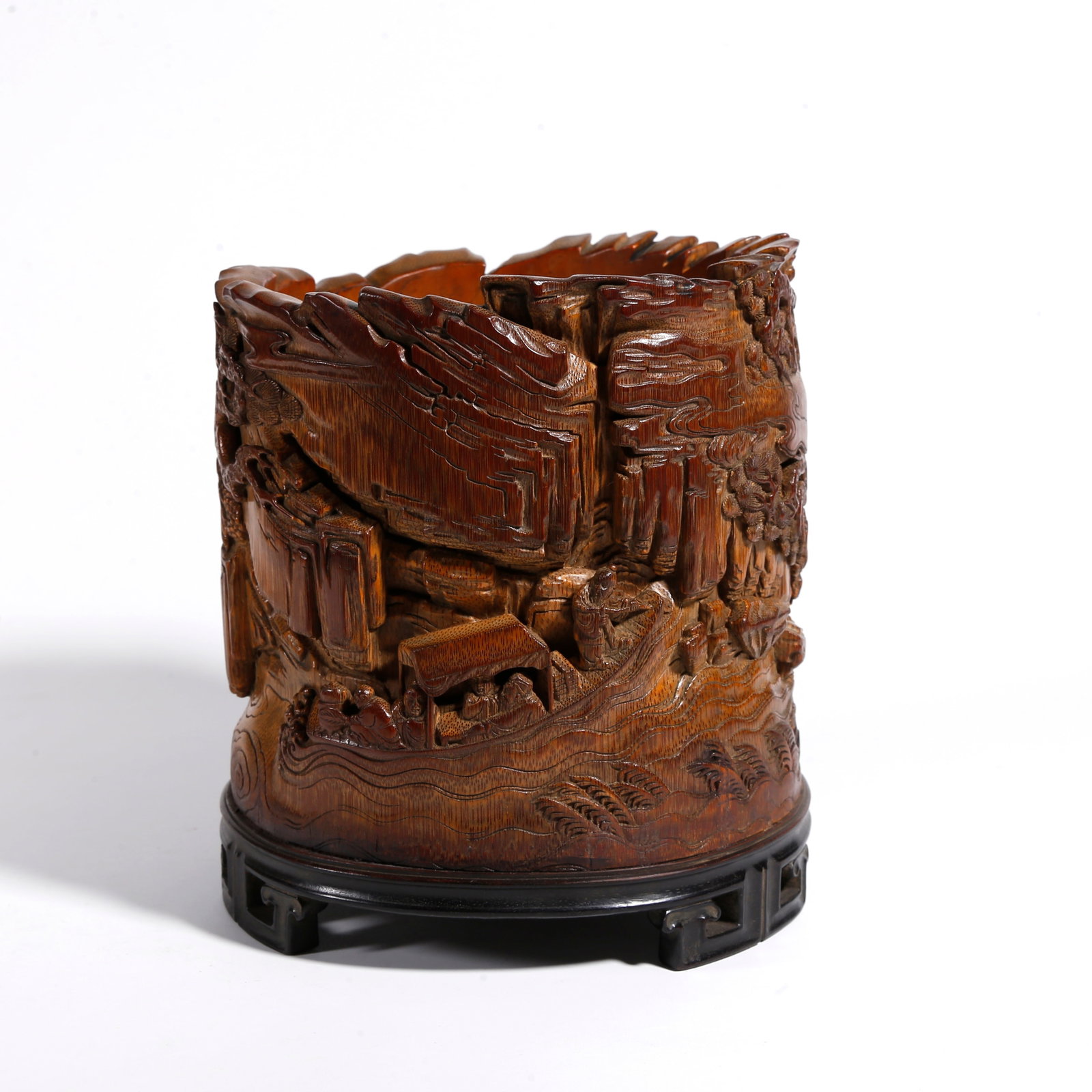 A BAMBOO CARVED BRUSH POT WITH NARRATIVE FIGURE PATTERN: Bamboo Carved Brush Pot with Narrative Figure Pattern