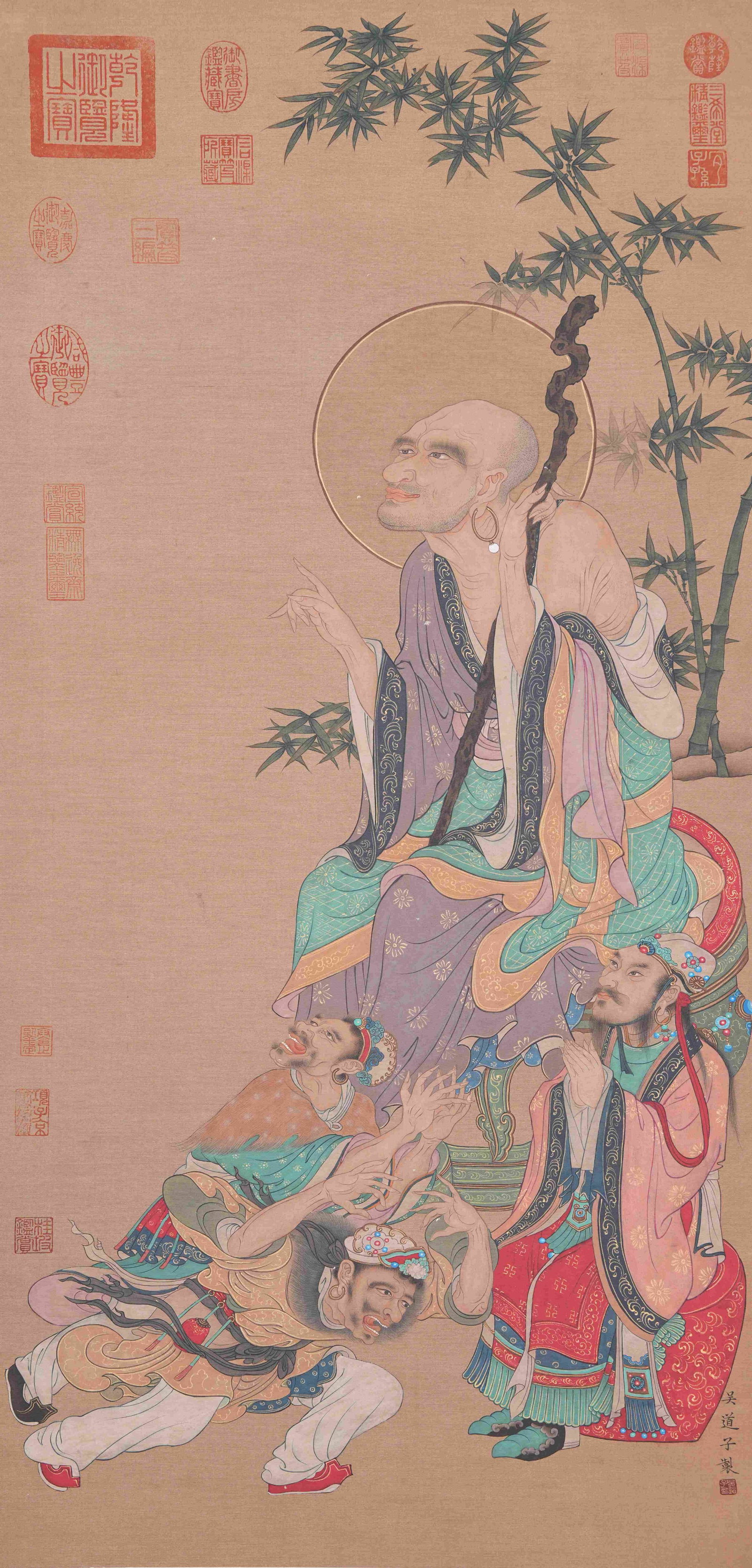 A ARHAT PAINTING ON SILK BY WU DAOZI.吳道子: Arhat Painting on Silk by Wu Daozi.吳道子