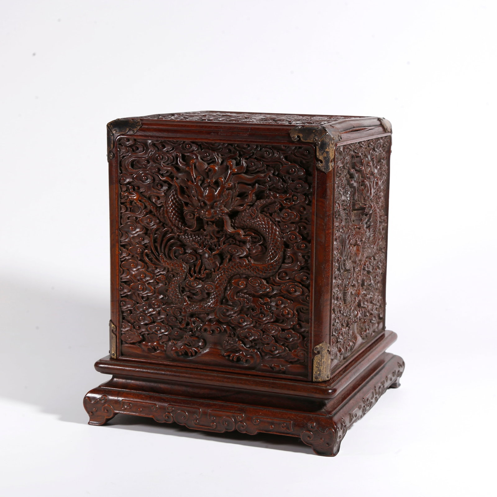 A HUANGHUALI WOOD CARVED SEAL BOX WITH DRAGON AND CLOUD PATTERN: Huanghuali Wood Carved Seal Box with Dragon and Cloud Pattern