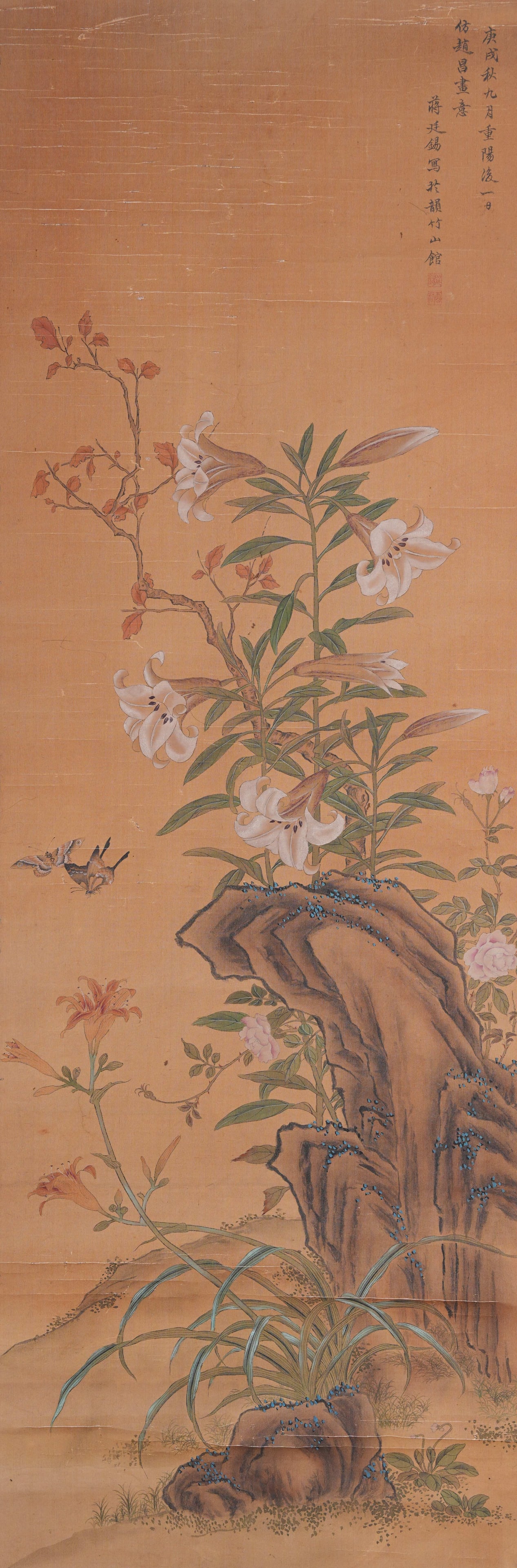 A FLOWER PAINTING ON SILK BY JIANG TINGXI.蔣廷錫: Flower Painting on Silk by Jiang Tingxi.蔣廷錫