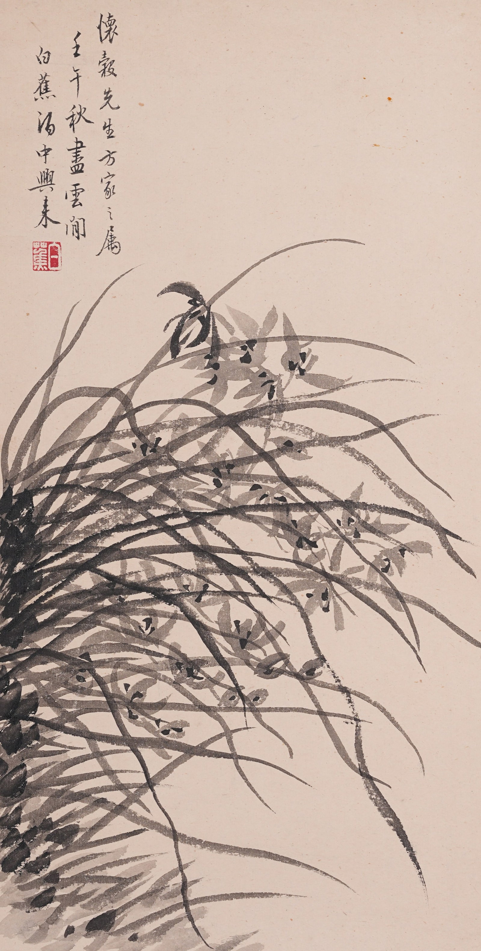 A ORCHID PAINTING ON PAPER MOUNTED AS MIRROR HEART BY BAI JIAO.白蕉: Orchid Painting on Paper Mounted as Mirror Heart by Bai Jiao.白蕉