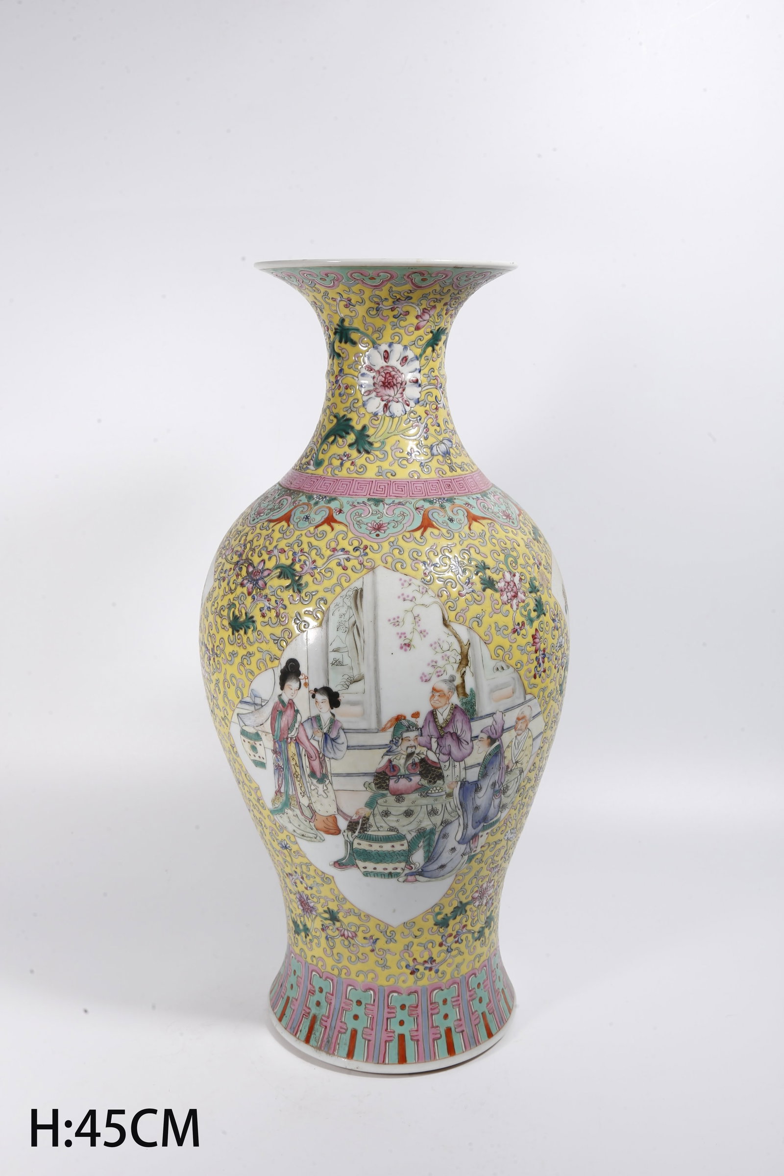 A YELLOW GROUND GUANYIN VASE WITH OPEN WINDOWS PAINTED FIGURE STORIES: Yellow Ground Guanyin Vase with Open Windows Painted Figure Stories