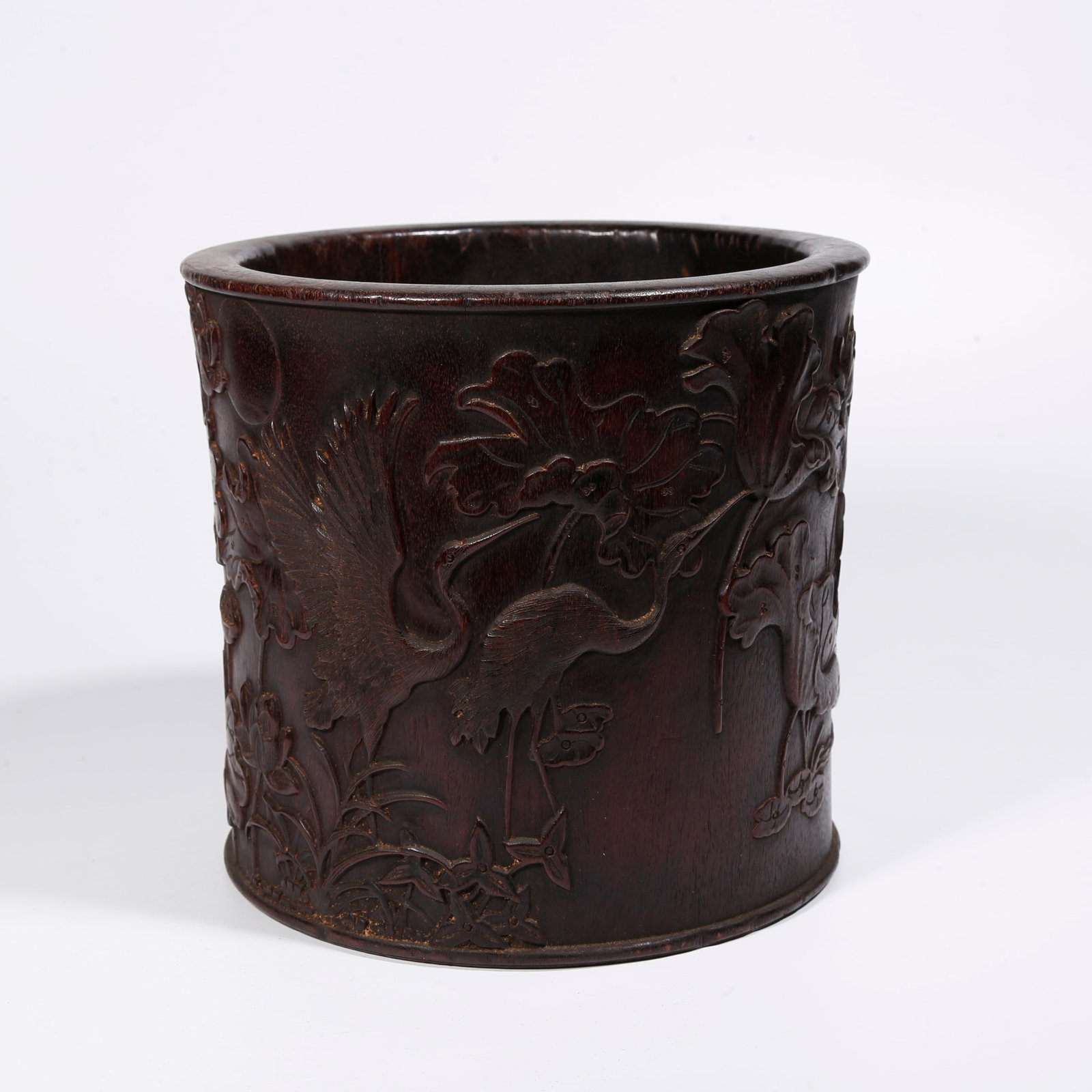 A RED SANDALWOOD BRUSH POT CARVED WITH MANDARIN DUCKS IN LOTUS POND (1 of 9)