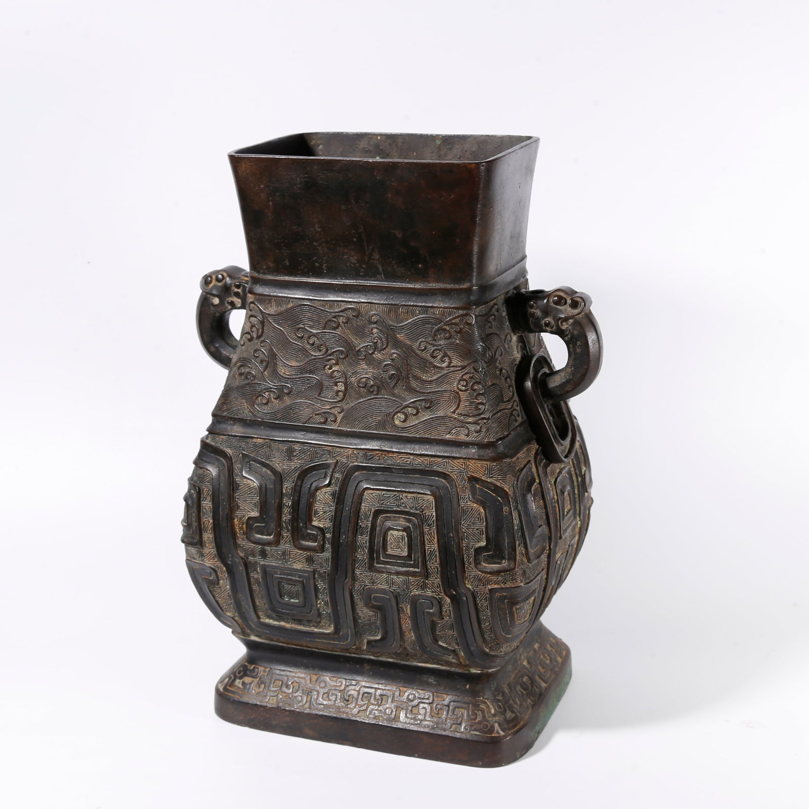A BRONZE ZUN WITH TWIN DRAGON HANDLES AND SEA WAVE PATTERNS (1 of 11)
