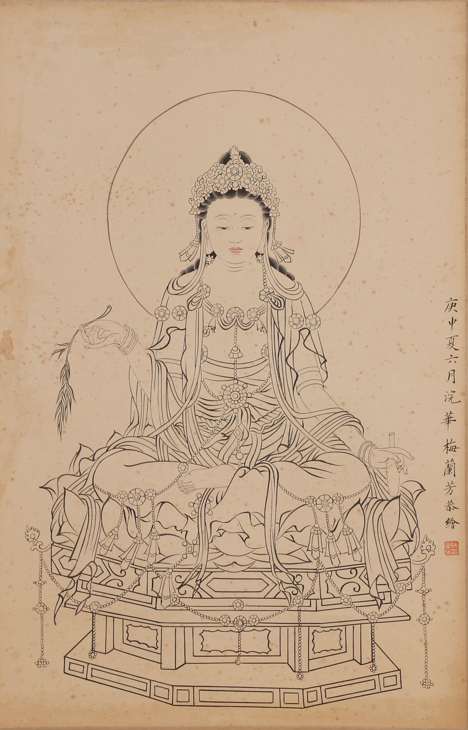 A WILLOW GUANYIN BODHISATTVA PORTRAIT PAINTING ON PAPER BY MEI LANFANG.梅蘭芳