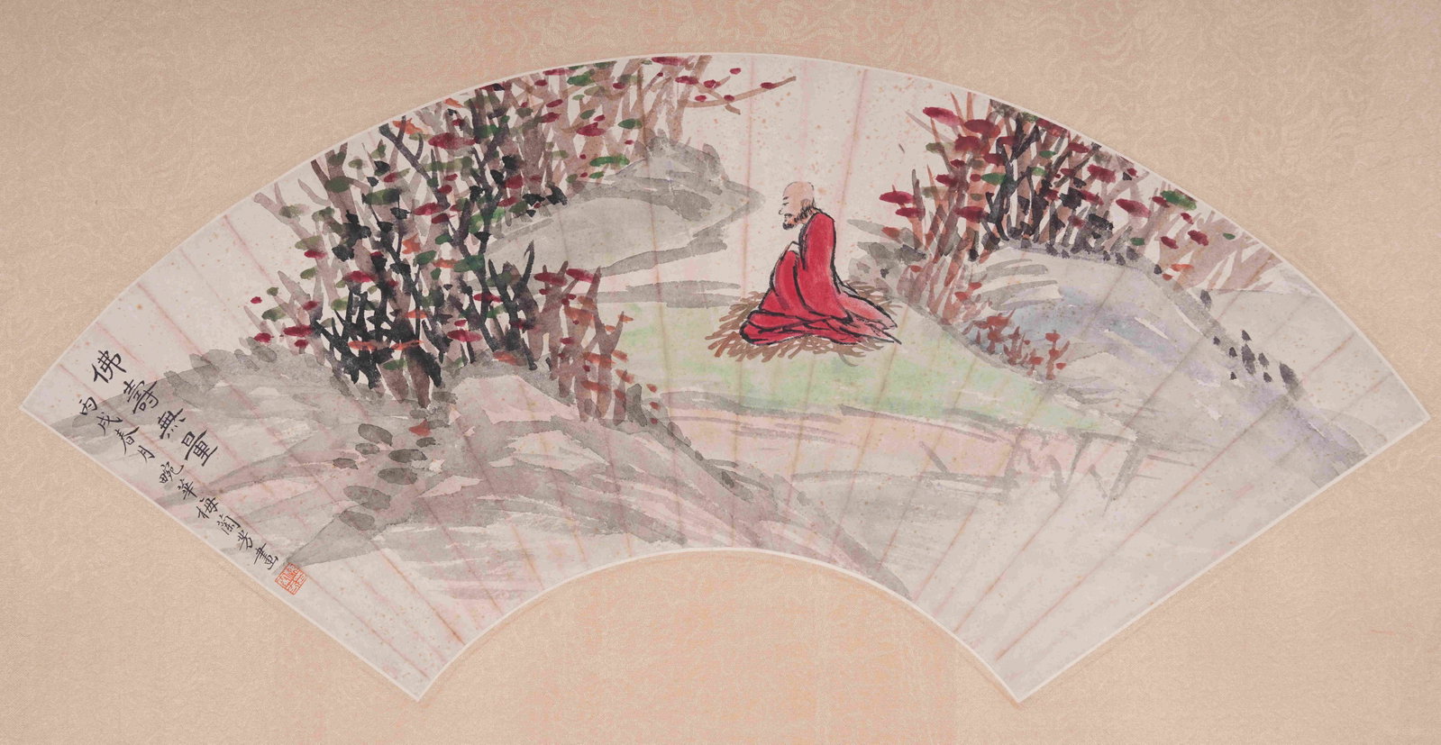 A BOUNDLESS BUDDHA LONGEVITY CALLIGRAPHY ON PAPER MOUNTED AS MIRROR HEART BY MEI LANFANG.梅: Boundless Buddha Longevity Calligraphy on Paper Mounted as Mirror Heart by Mei Lanfang.梅蘭芳