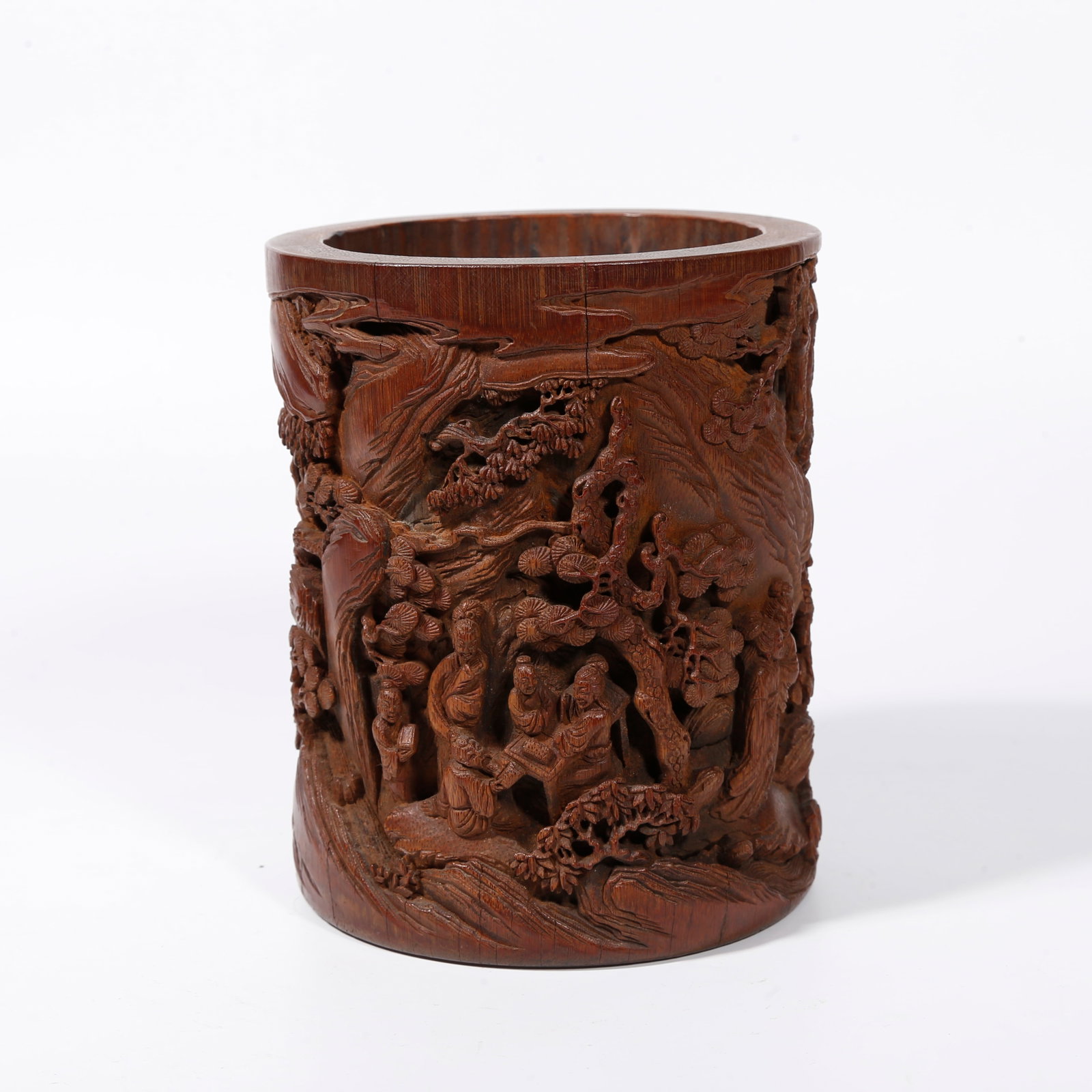 A BAMBOO CARVED BRUSH POT WITH FIGURE STORY PATTERN (1 of 9)