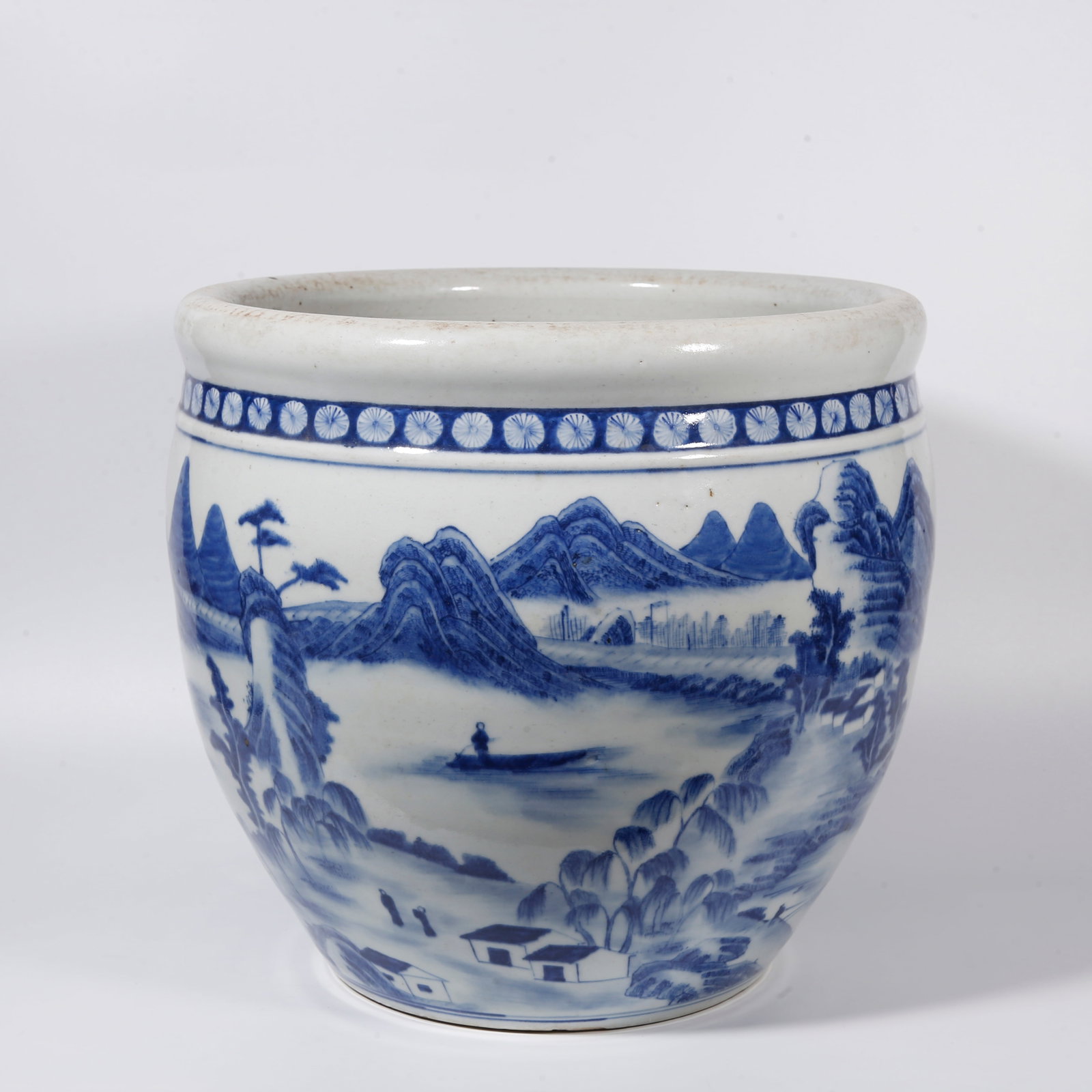 A BLUE AND WHITE JAR WITH LANDSCAPE PATTERN: Blue and White Jar with Landscape Pattern