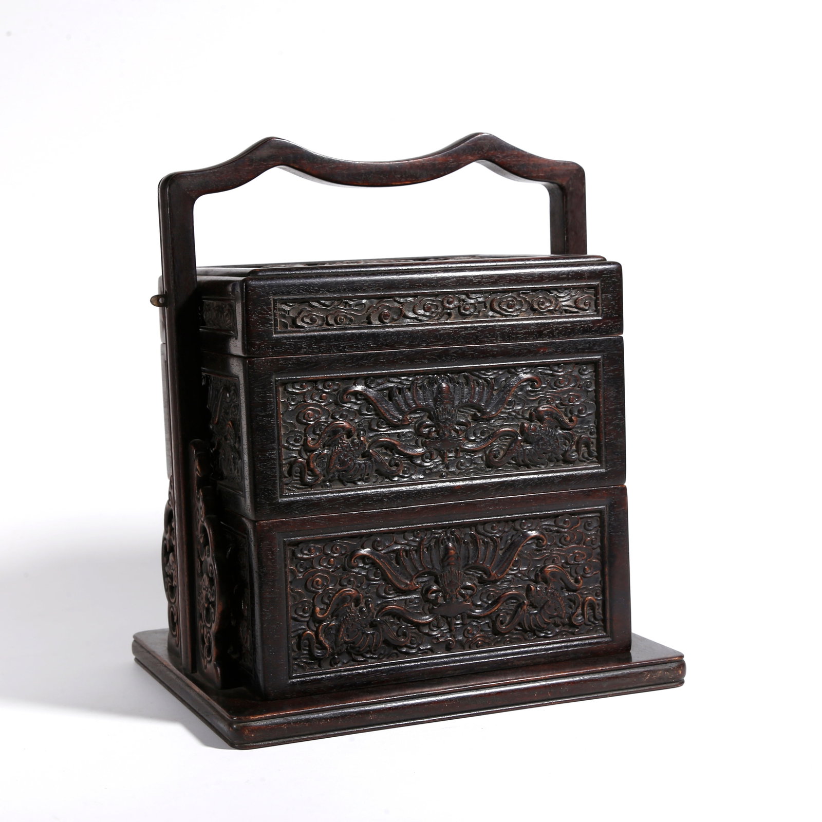 A RED SANDALWOOD CARVED HAND BOX WITH FIVE BLESSINGS SURROUNDING LONGEVITY PATTERN (1 of 9)