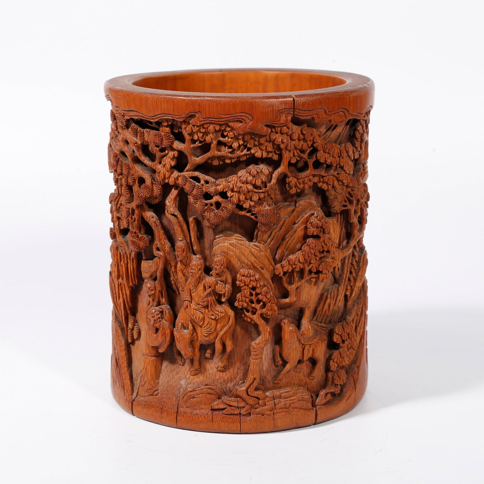 A BAMBOO CARVED BRUSH POT WITH FIGURE STORY MOTIFS (1 of 9)