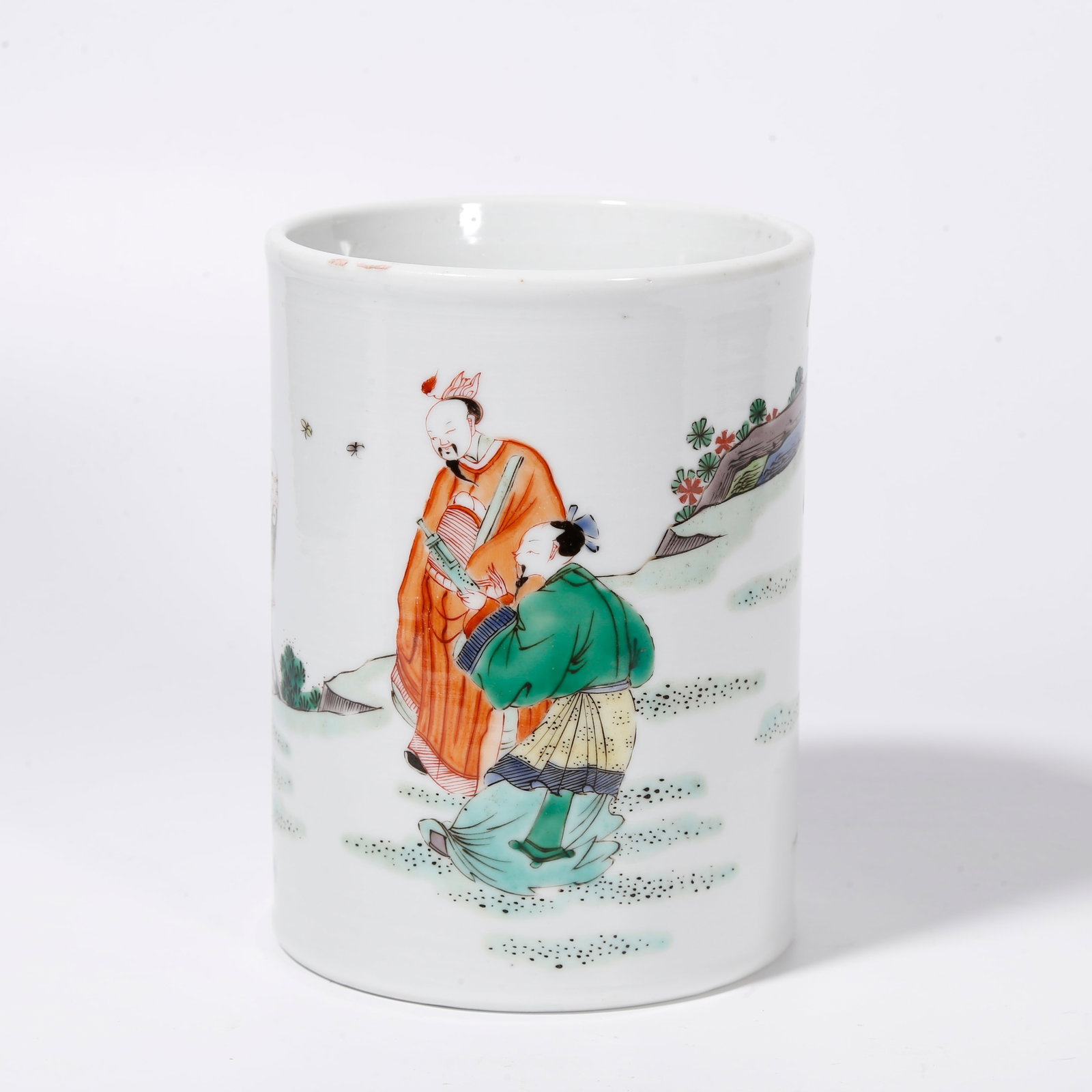A WUCAI BRUSH POT WITH FIGURE STORY PATTERN: Wucai Brush Pot with Figure Story Pattern