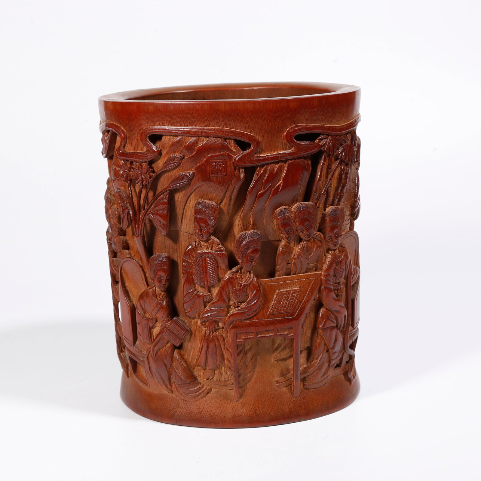 A BAMBOO CARVED BRUSH POT WITH BEAUTY FIGURES: Bamboo Carved Brush Pot with Beauty Figures