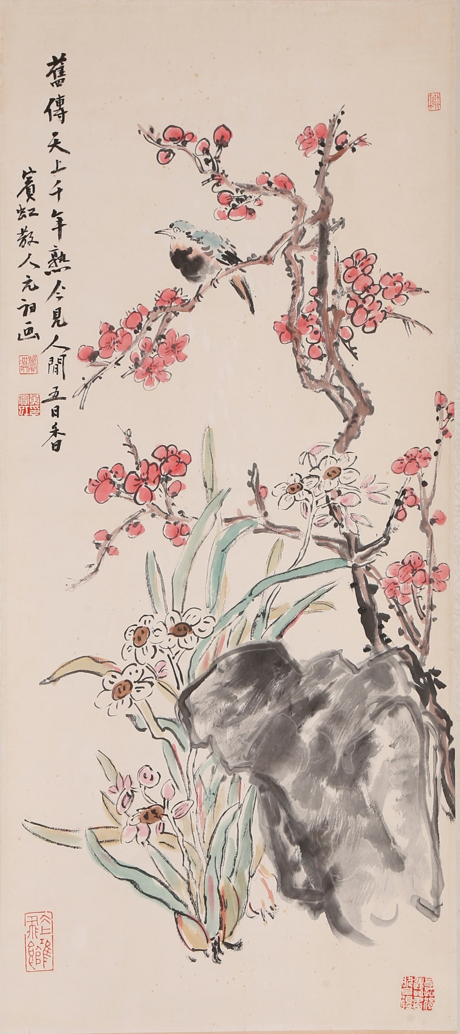 A FLOWER AND BIRD PAINTING ON PAPER BY HUANG BINHONG.黃賓虹