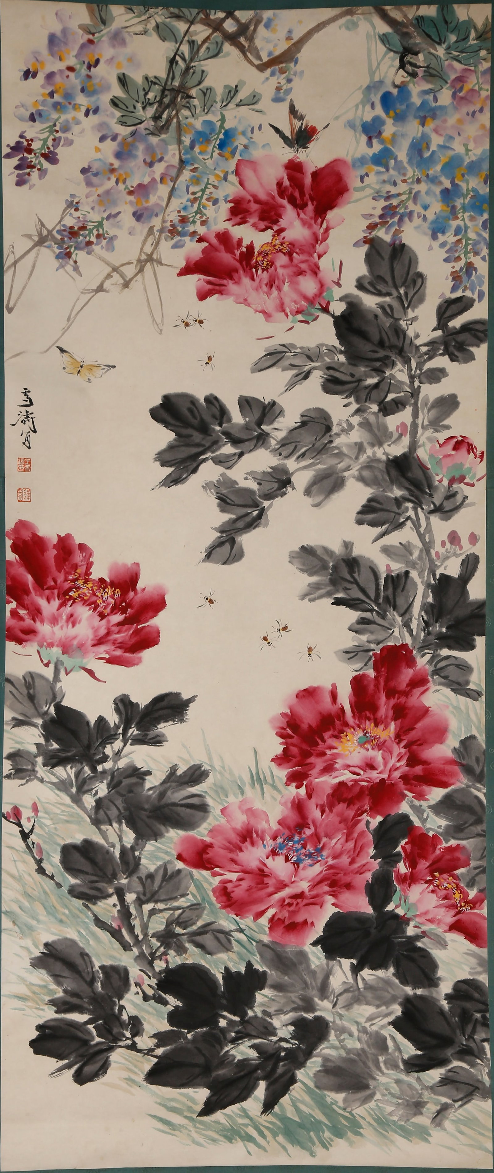 A FLOWER AND BUTTERFLY PAINTING ON PAPER BY WANG XUETAO.王雪濤: Flower and Butterfly Painting on Paper by Wang Xuetao.王雪濤