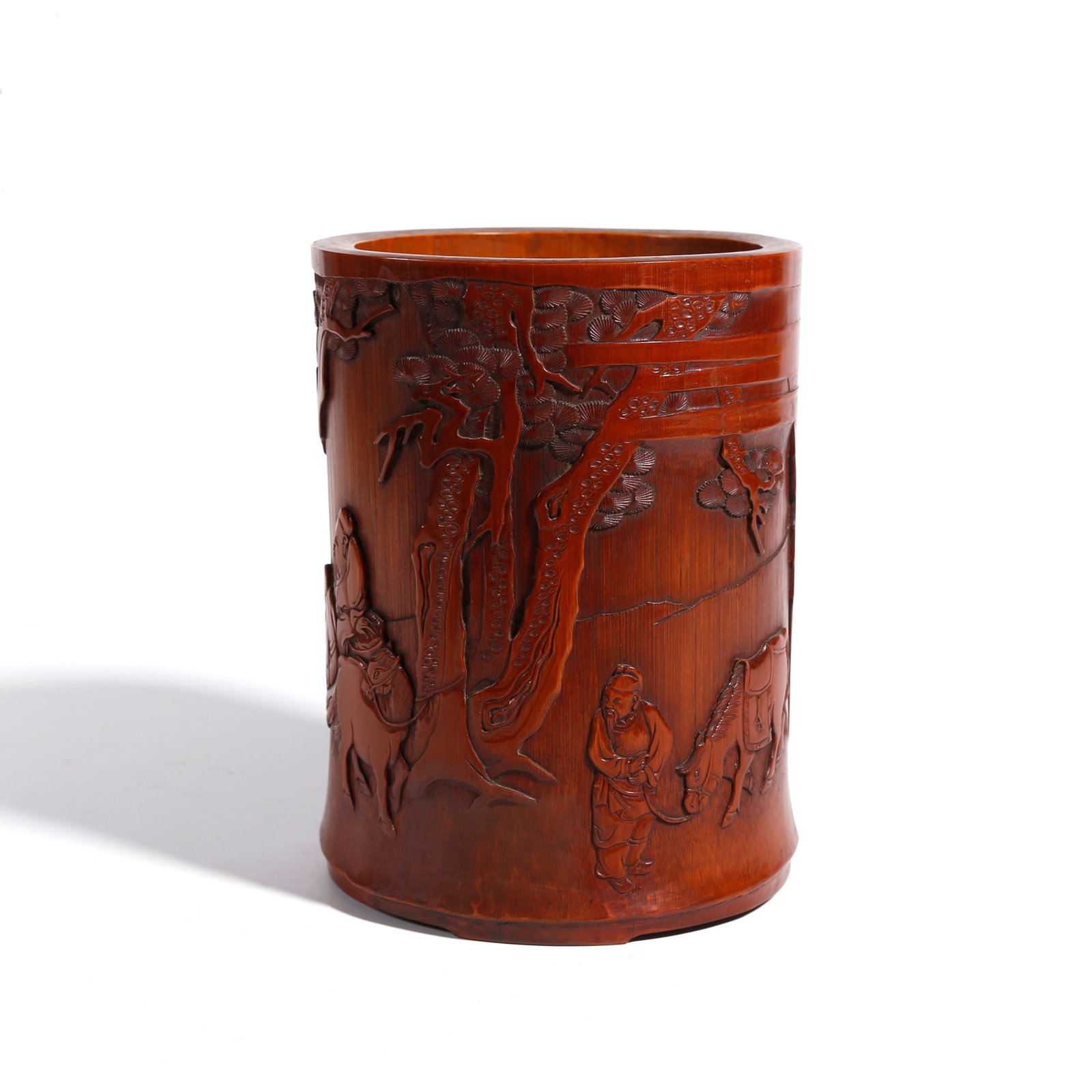 A BAMBOO CARVED BRUSH POT WITH NARRATIVE FIGURE PATTERN (1 of 9)