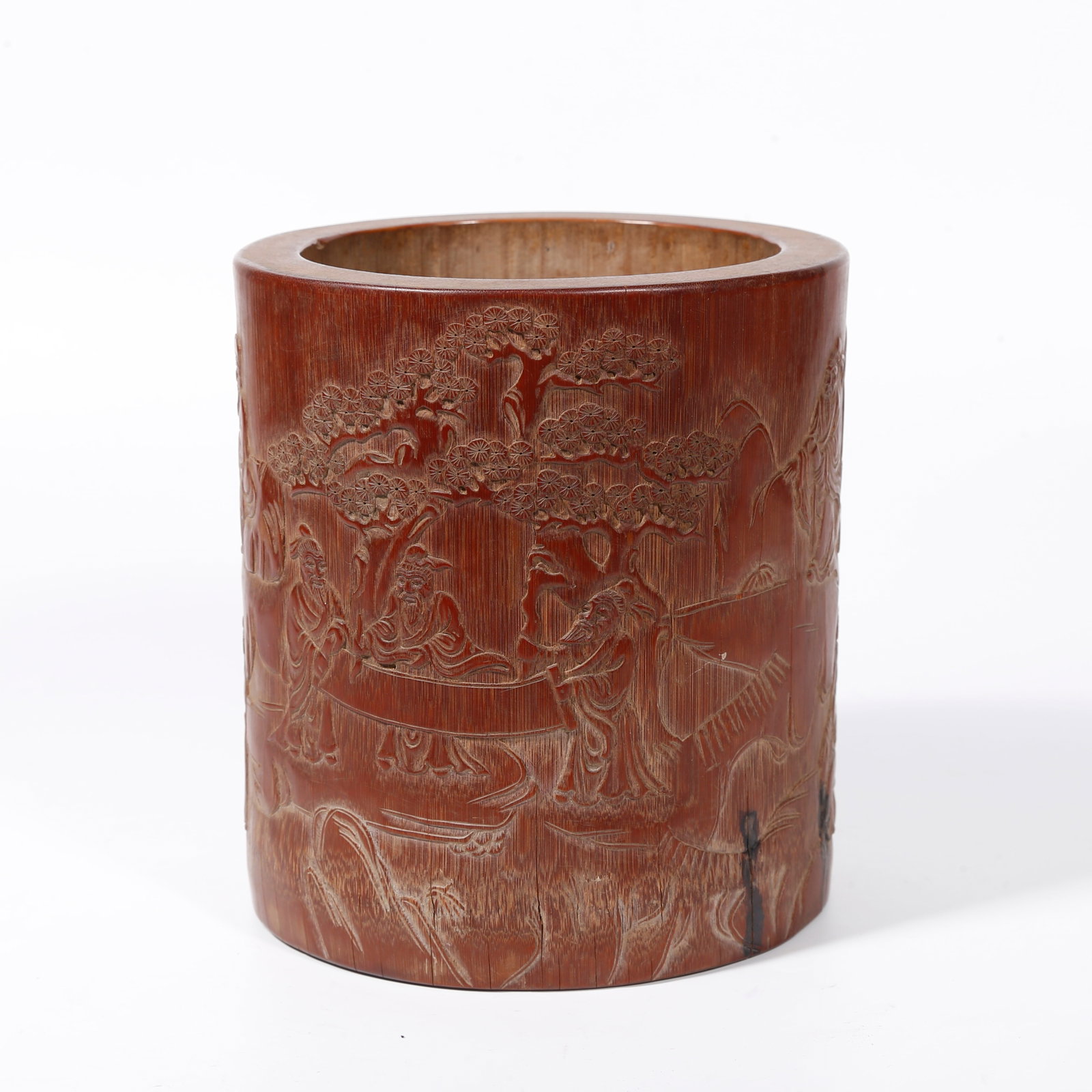A BAMBOO CARVED BRUSH POT WITH FIGURE PATTERN (1 of 9)