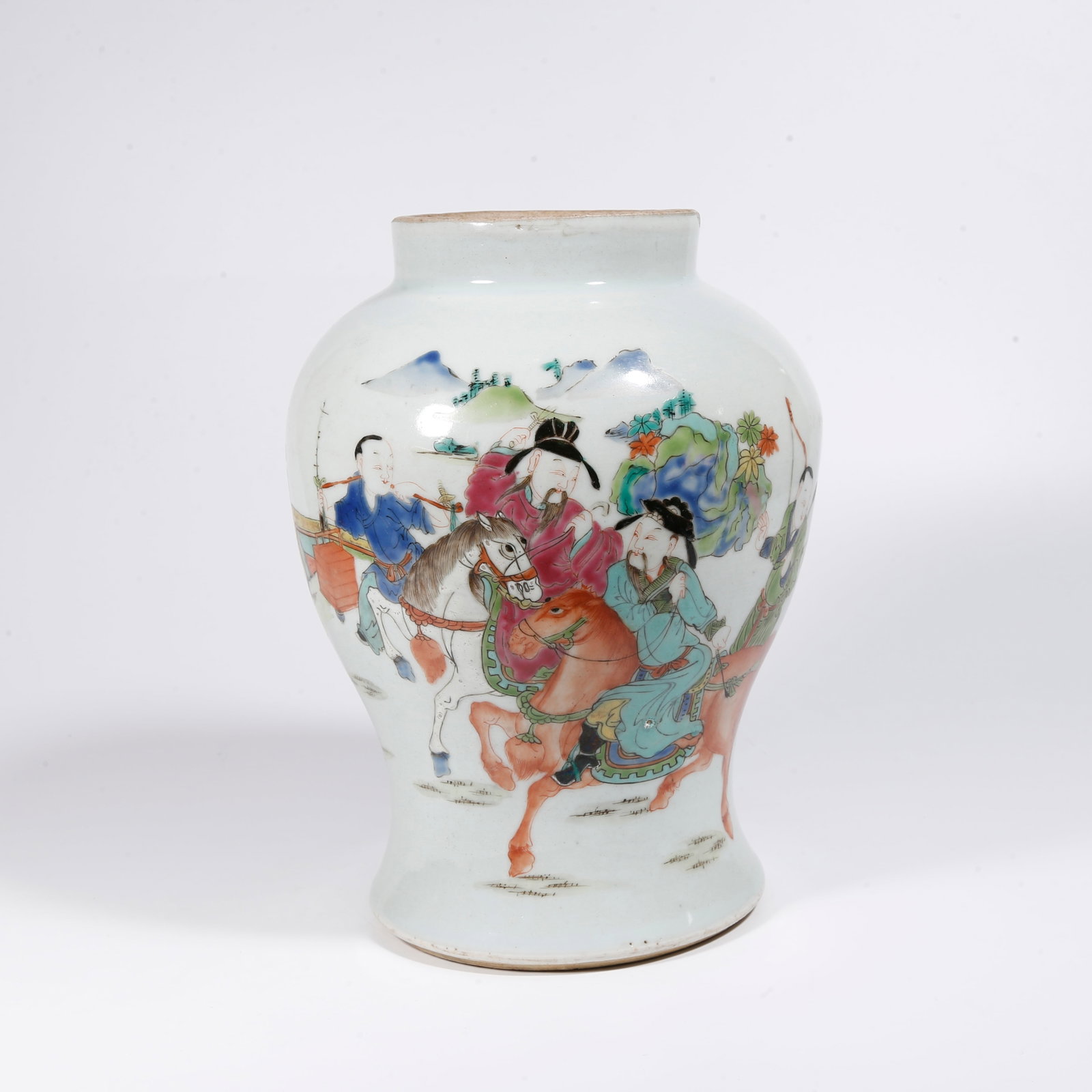 A WUCAI JAR WITH NARRATIVE FIGURE SCENES: Wucai Jar with Narrative Figure Scenes
