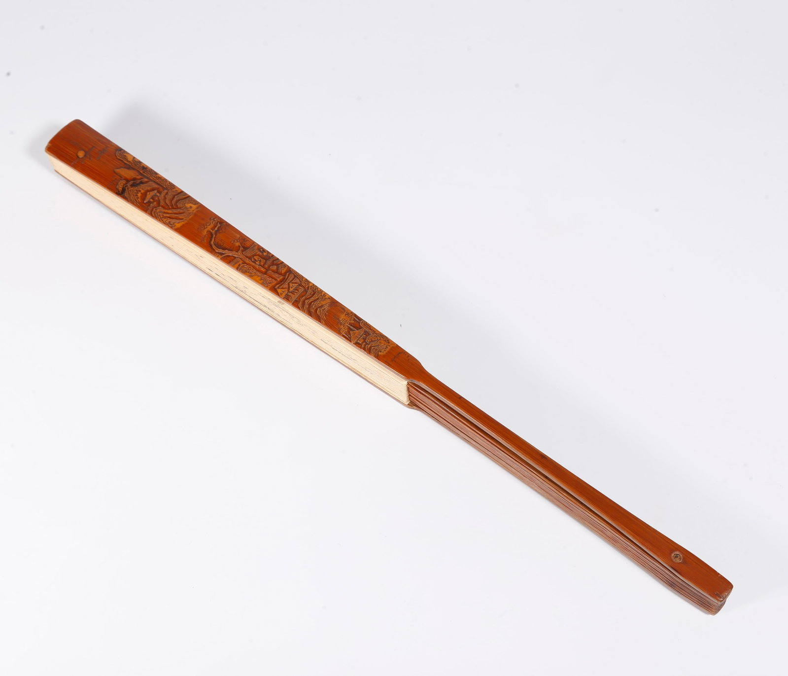 A GREEN-RETAINED BAMBOO FAN RIB CARVED WITH LANDSCAPES (1 of 9)