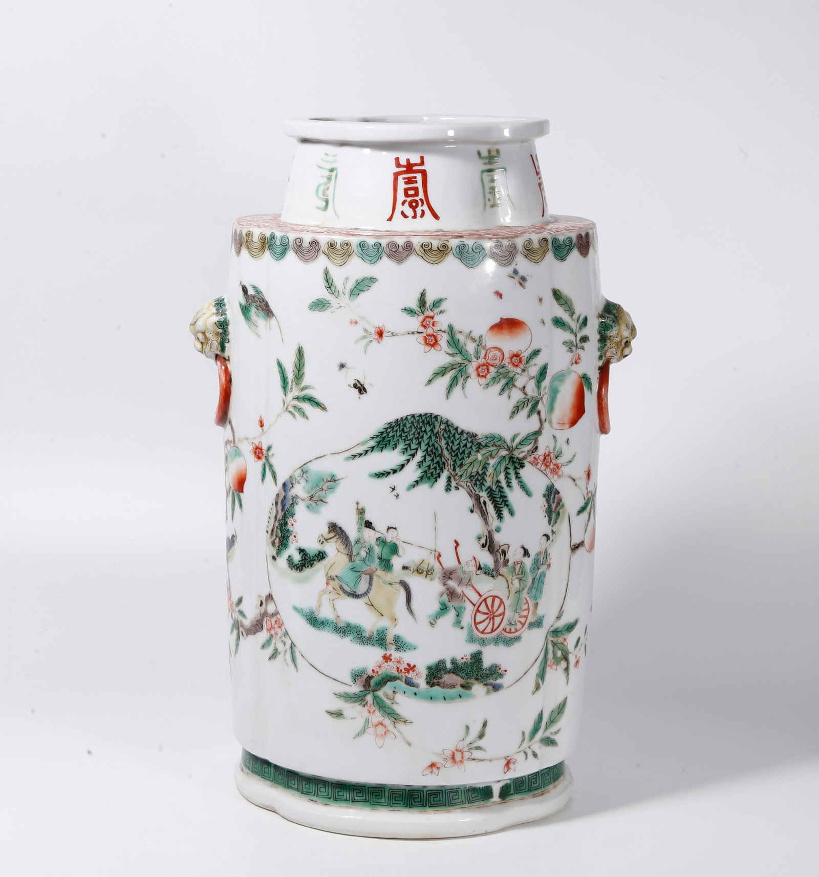 A WUCAI BEGONIA SHAPED DOUBLE EAR VASE WITH FIGURE STORY PATTERN: Wucai Begonia Shaped Double Ear Vase with Figure Story Pattern