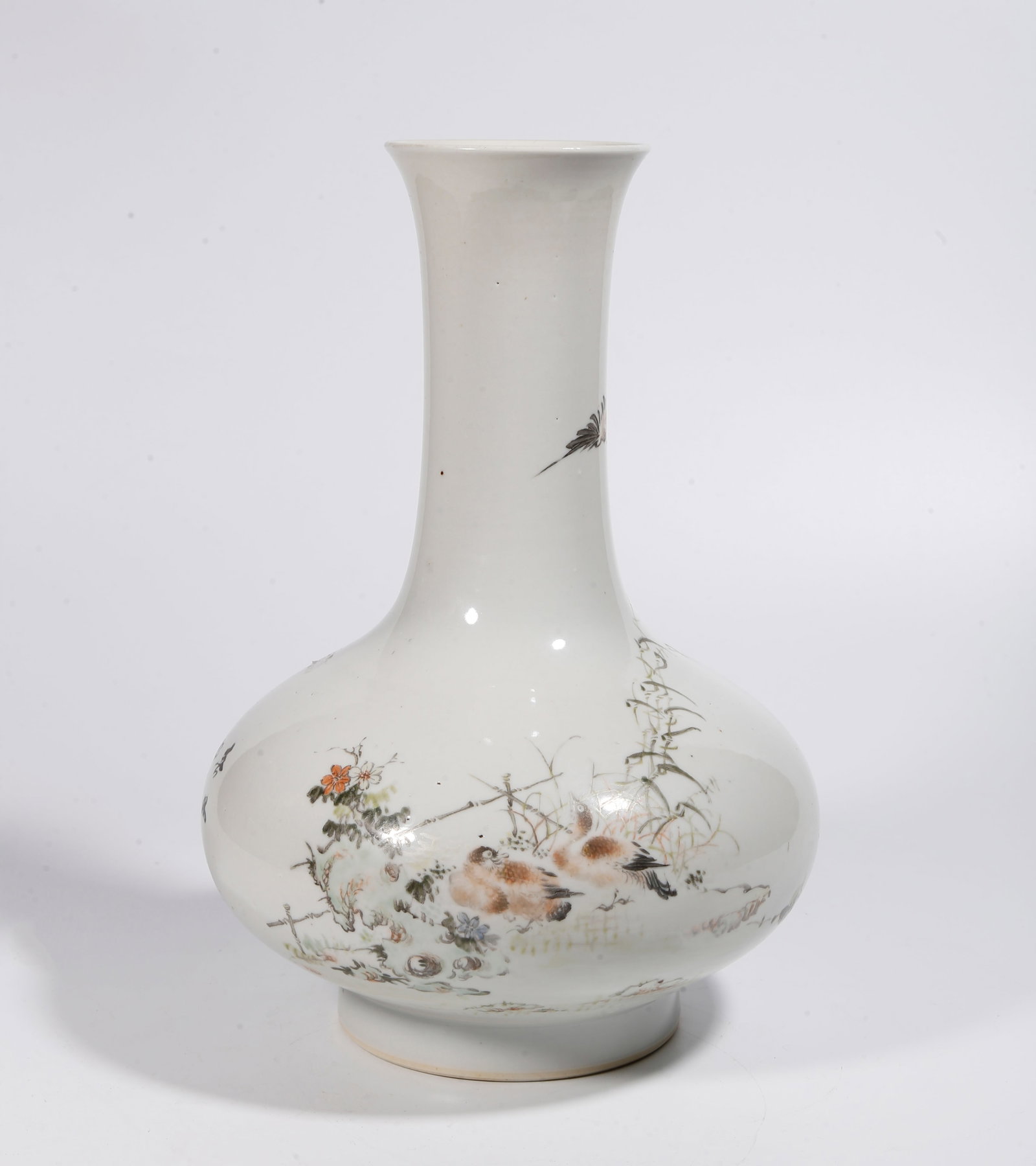 A LIGHT CRIMSON COLOR LONG-NECK VASE WITH REED AND WILD GOOSE PAINTING: Light Crimson Color Long-Neck Vase with Reed and Wild Goose Painting