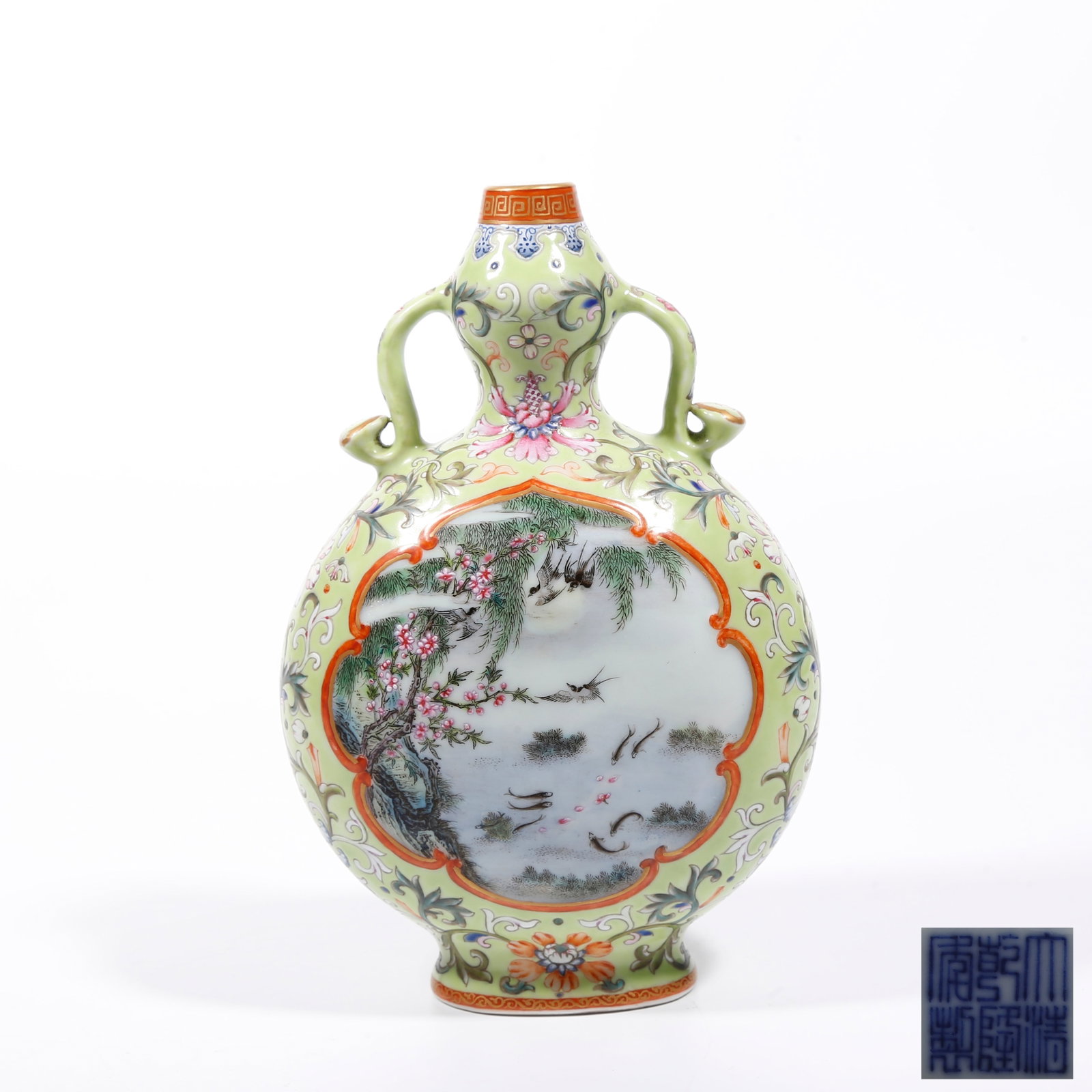 A GREEN GROUND FAMILLE ROSE GOURD VASE WITH RUYI EARS, FLOWER AND BIRD PANELS: Green Ground Famille Rose Gourd Vase with Ruyi Ears, Flower and Bird Panels