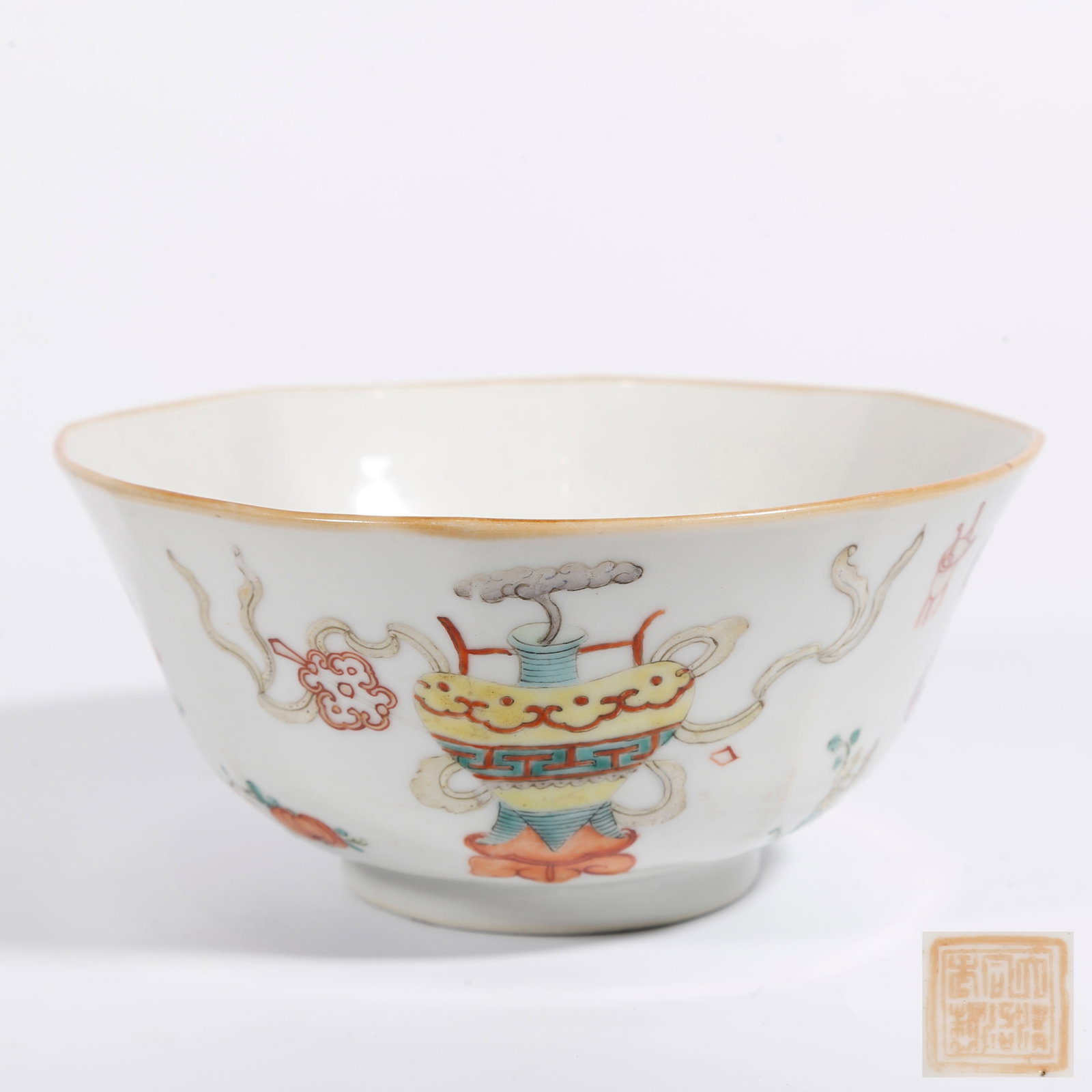 A OCTAGONAL FAMILLE ROSE BOWL WITH PRECIOUS OBJECT MOTIFS: Octagonal Famille Rose Bowl with Precious Object Motifs