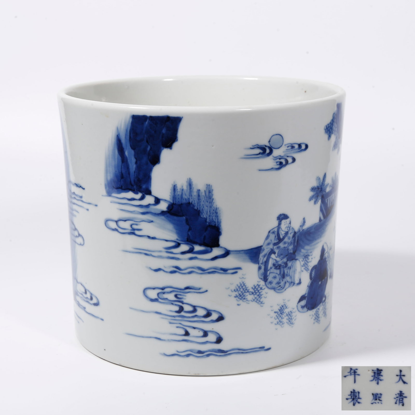 A BLUE AND WHITE BRUSH POT WITH FIGURE STORY PATTERN: Blue and White Brush Pot with Figure Story Pattern