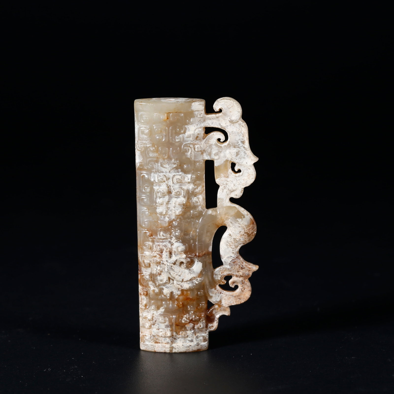 A ARCHAIC JADE LEZI TUBE WITH PHOENIX PATTERNS: Archaic Jade Lezi Tube with Phoenix Patterns