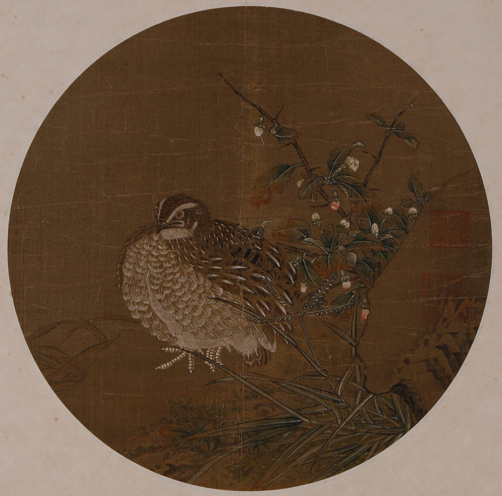 A FLOWER AND BIRD PAINTING ON SILK UNMOUNTED BY ANONYMOUS. (1 of 8)