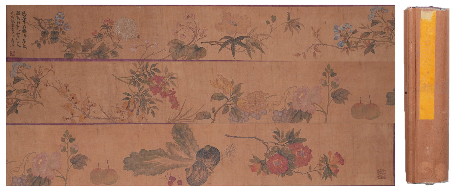 A FLOWER PAINTING HANDSCROLL ON SILK BY YUN SHOUPING.惲壽平: Flower Painting Handscroll on Silk by Yun Shouping.惲壽平