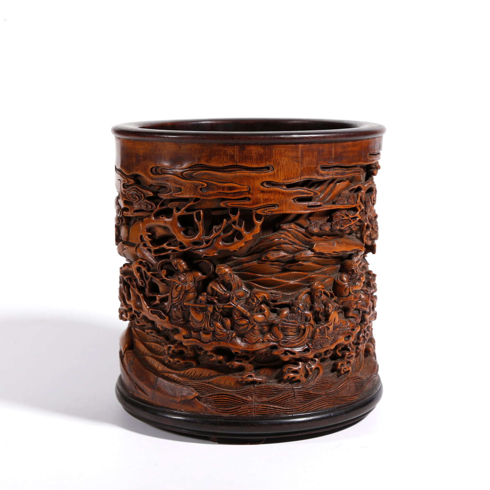 A BAMBOO CARVED BRUSH POT WITH EIGHT IMMORTALS PATTERN (1 of 9)