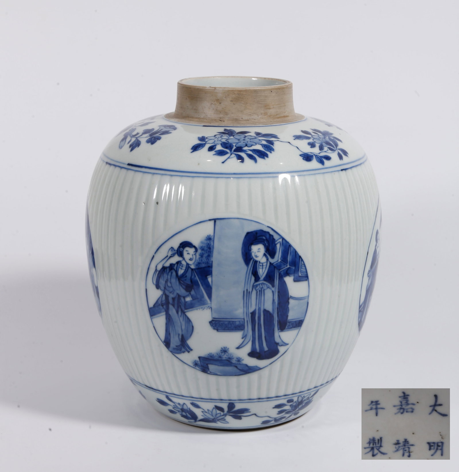 A BLUE AND WHITE JAR WITH BEAUTY FIGURES (1 of 9)