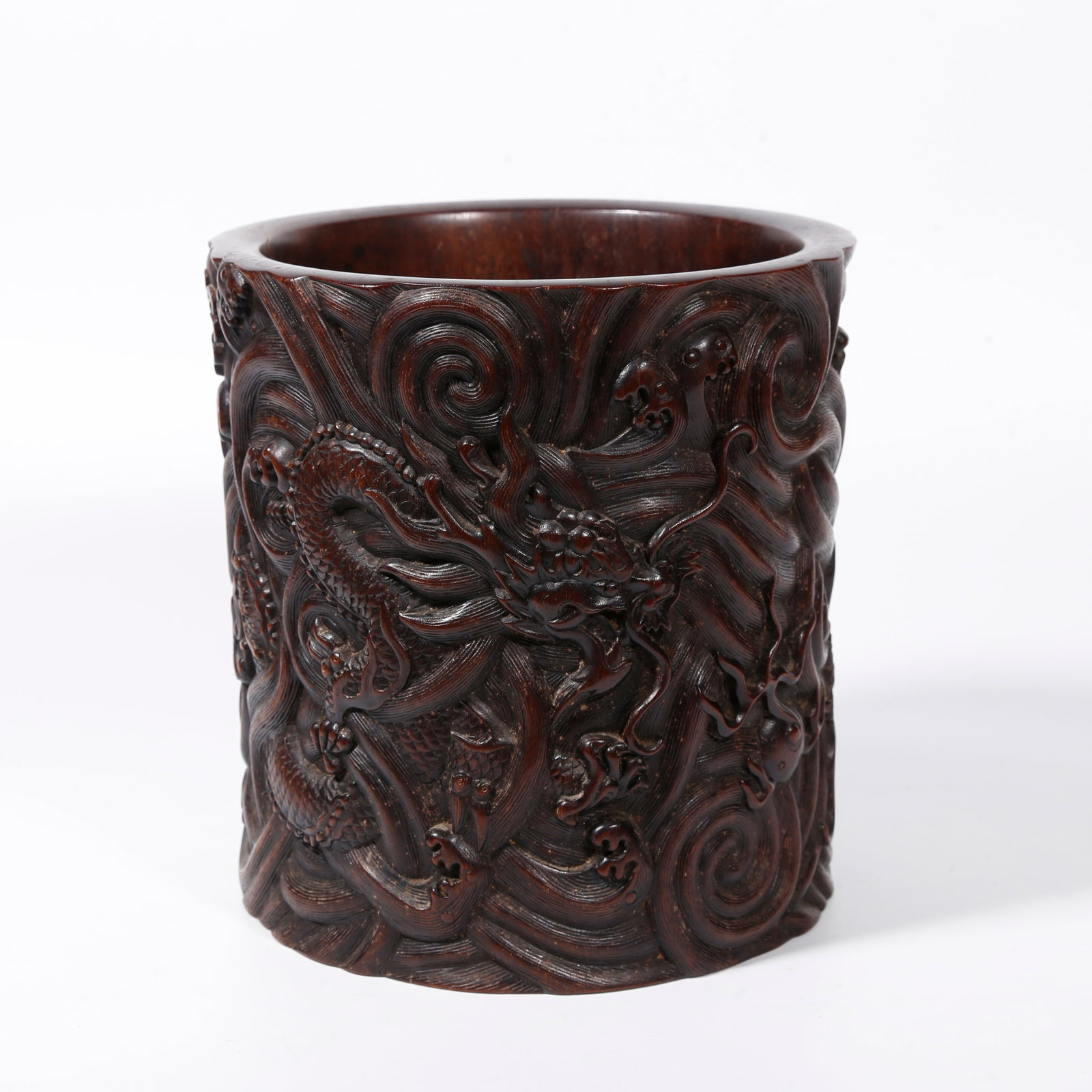 A RED SANDALWOOD BRUSH POT CARVED WITH DRAGON PATTERN (1 of 9)