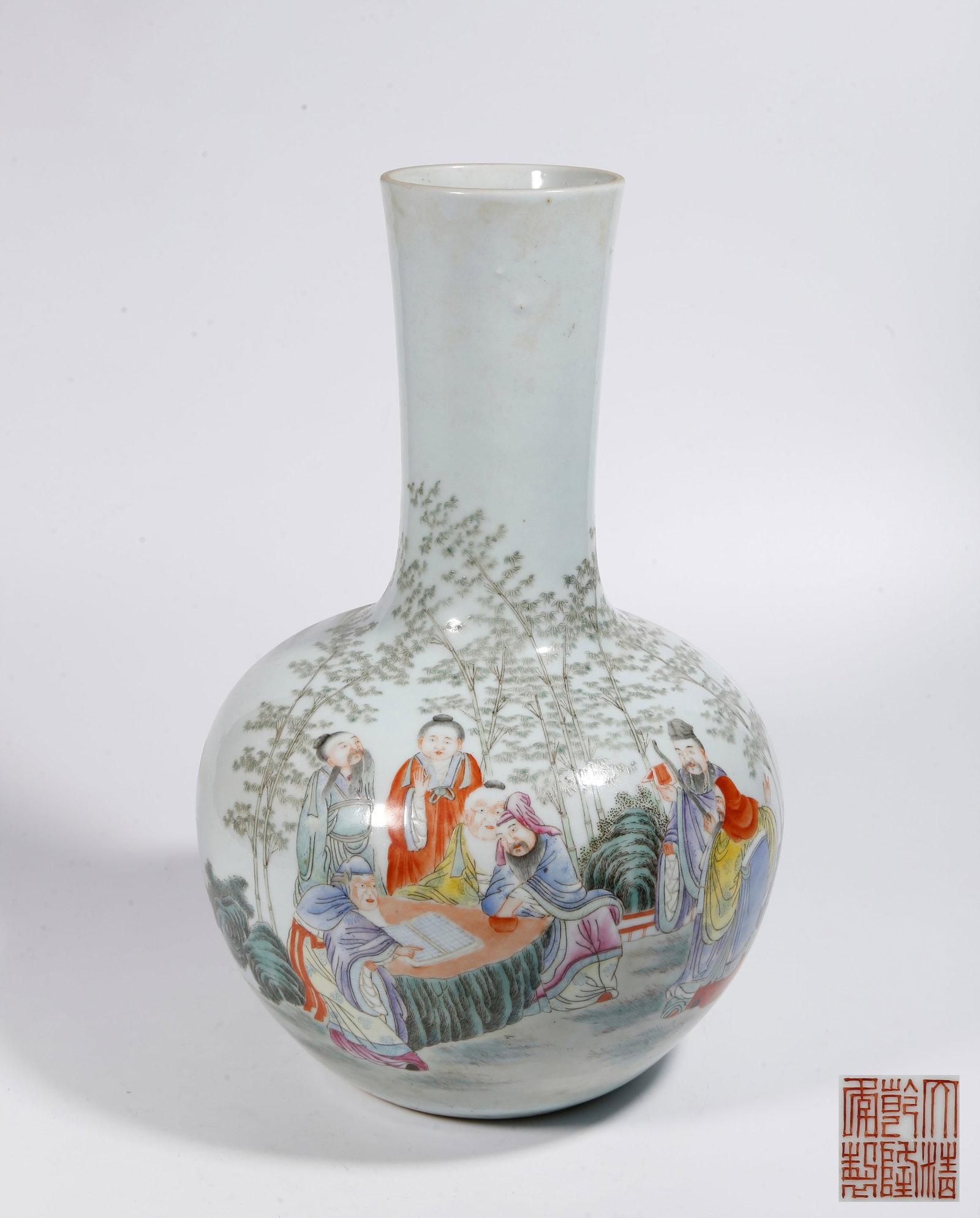 A FAMILLE ROSE APPRECIATION VASE WITH SEVEN SAGES OF BAMBOO GROVE MOTIFS: Famille Rose Appreciation Vase with Seven Sages of Bamboo Grove Motifs