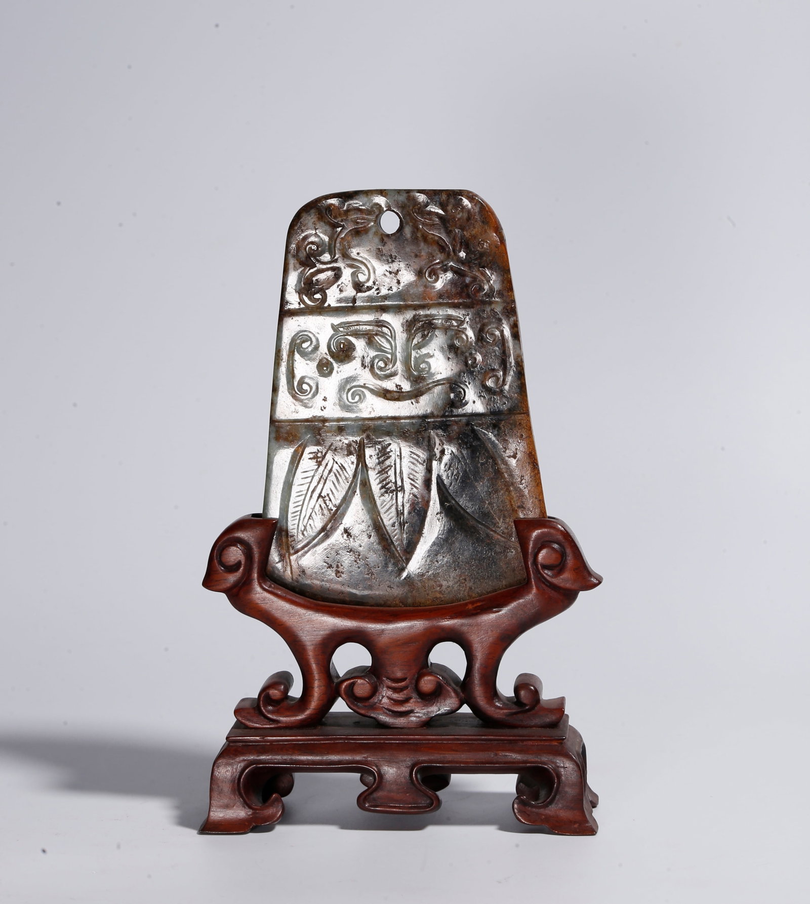 A ANCIENT JADE ORNAMENT WITH BEAST MASK PATTERNS: Ancient Jade Ornament with Beast Mask Patterns
