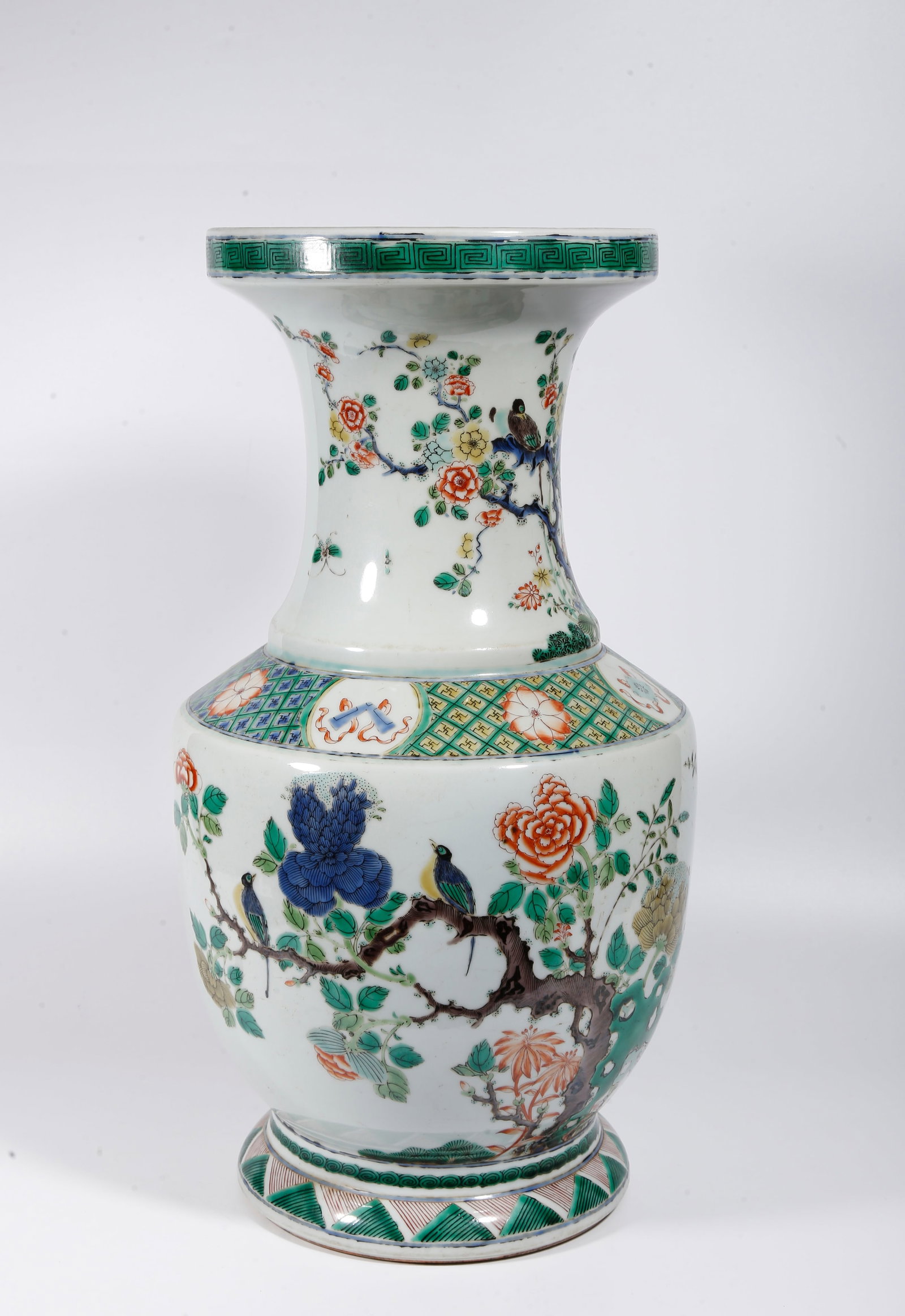 A FAMILLE ROSE FLARED MOUTH VASE WITH FLOWER AND BIRD PATTERNS: Famille Rose Flared Mouth Vase with Flower and Bird Patterns