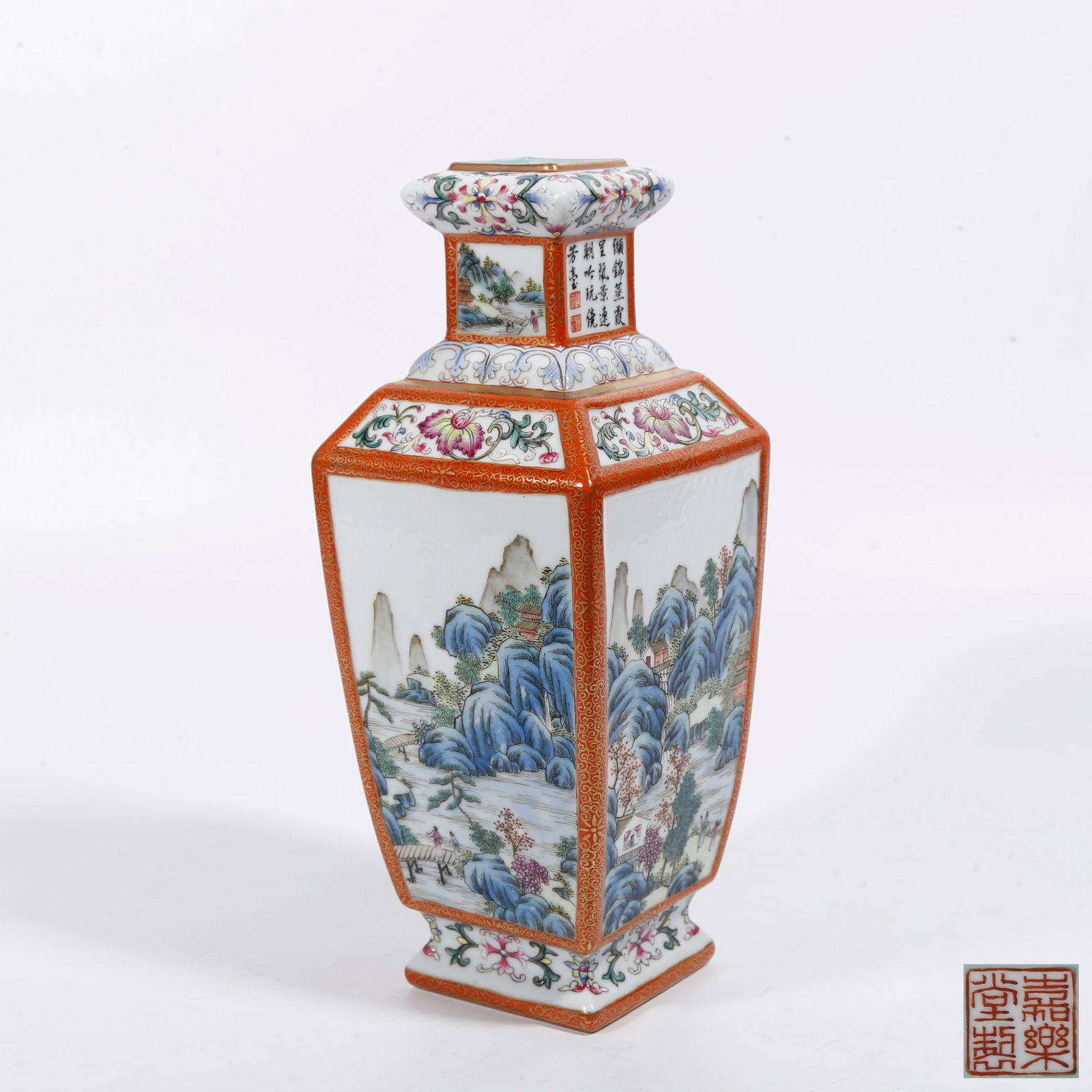 A SQUARE FAMILLE ROSE VASE WITH LANDSCAPE AND FIGURE PATTERN: Square Famille Rose Vase with Landscape and Figure Pattern