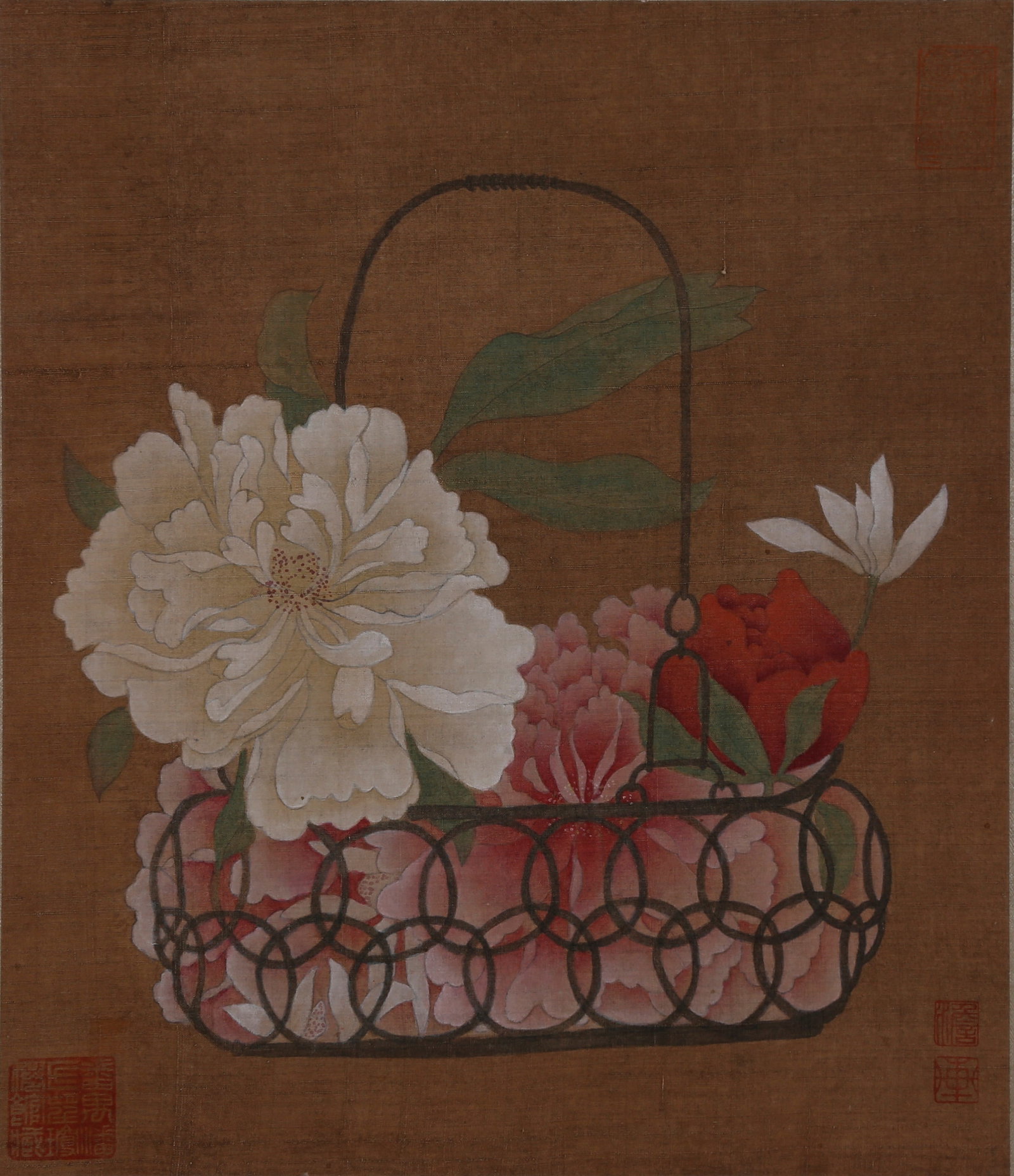 A FLOWER BASKET PAINTING ON SILK UNMOUNTED BY ANONYMOUS. (1 of 8)