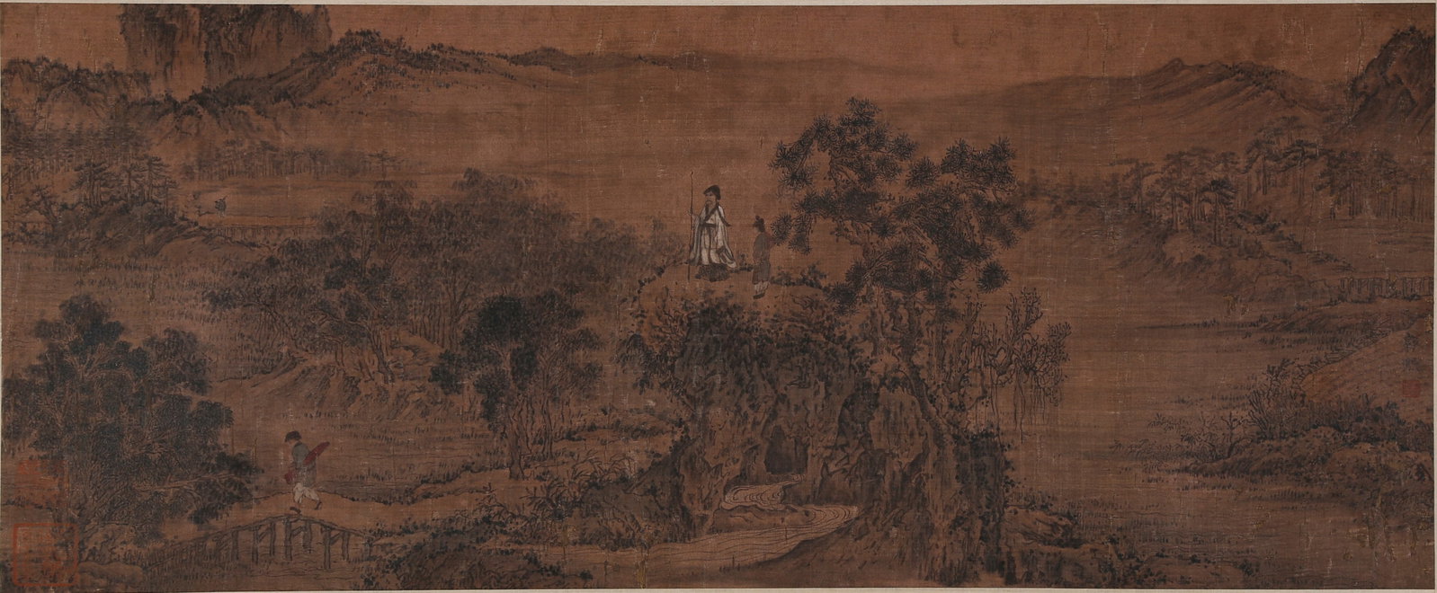 A LANDSCAPE AND FIGURE PAINTING ON SILK UNMOUNTED BY GUO XI.郭熙: Landscape and Figure Painting on Silk Unmounted by Guo Xi.郭熙