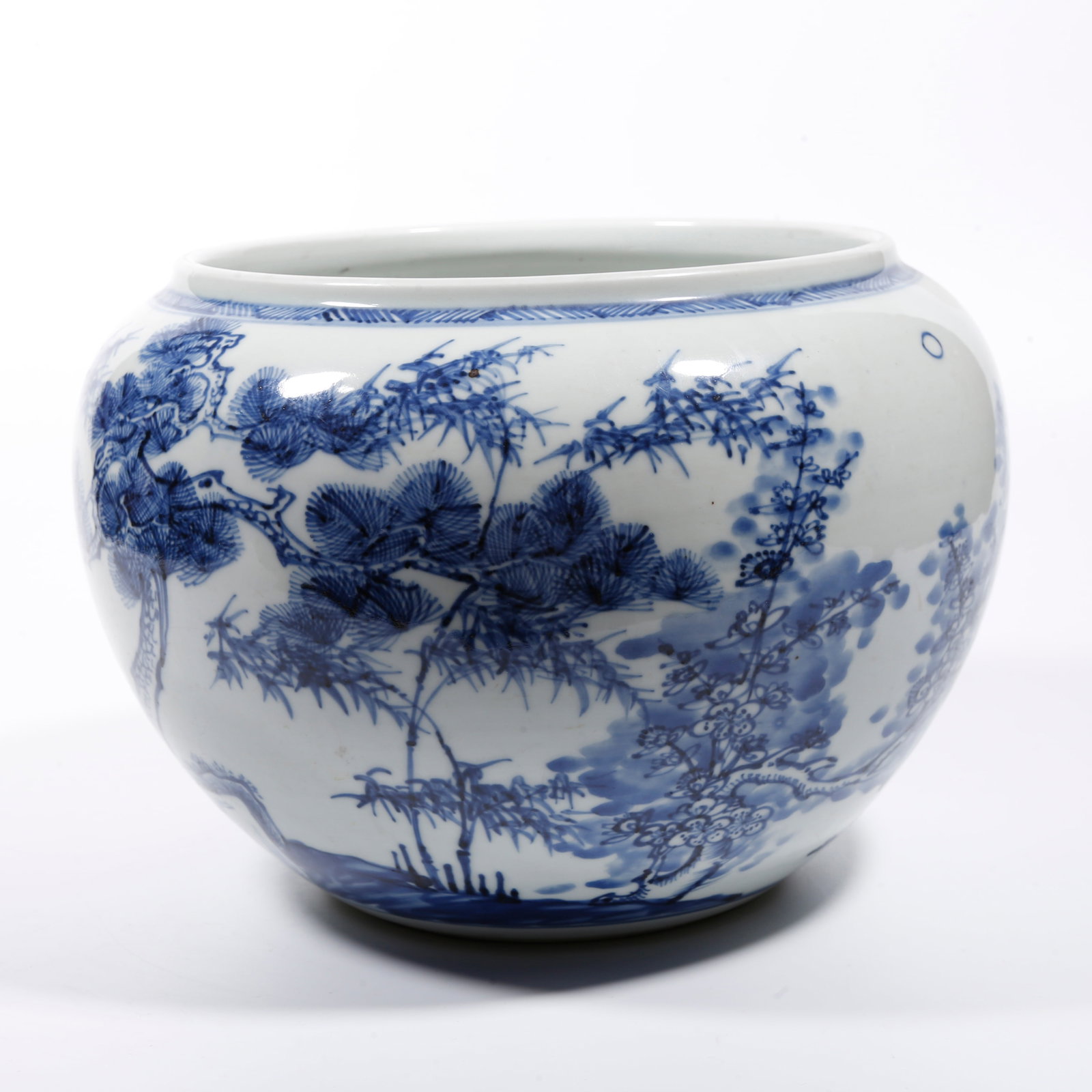 A BLUE AND WHITE JAR WITH THREE FRIENDS OF WINTER MOTIFS: Blue and White Jar with Three Friends of Winter Motifs