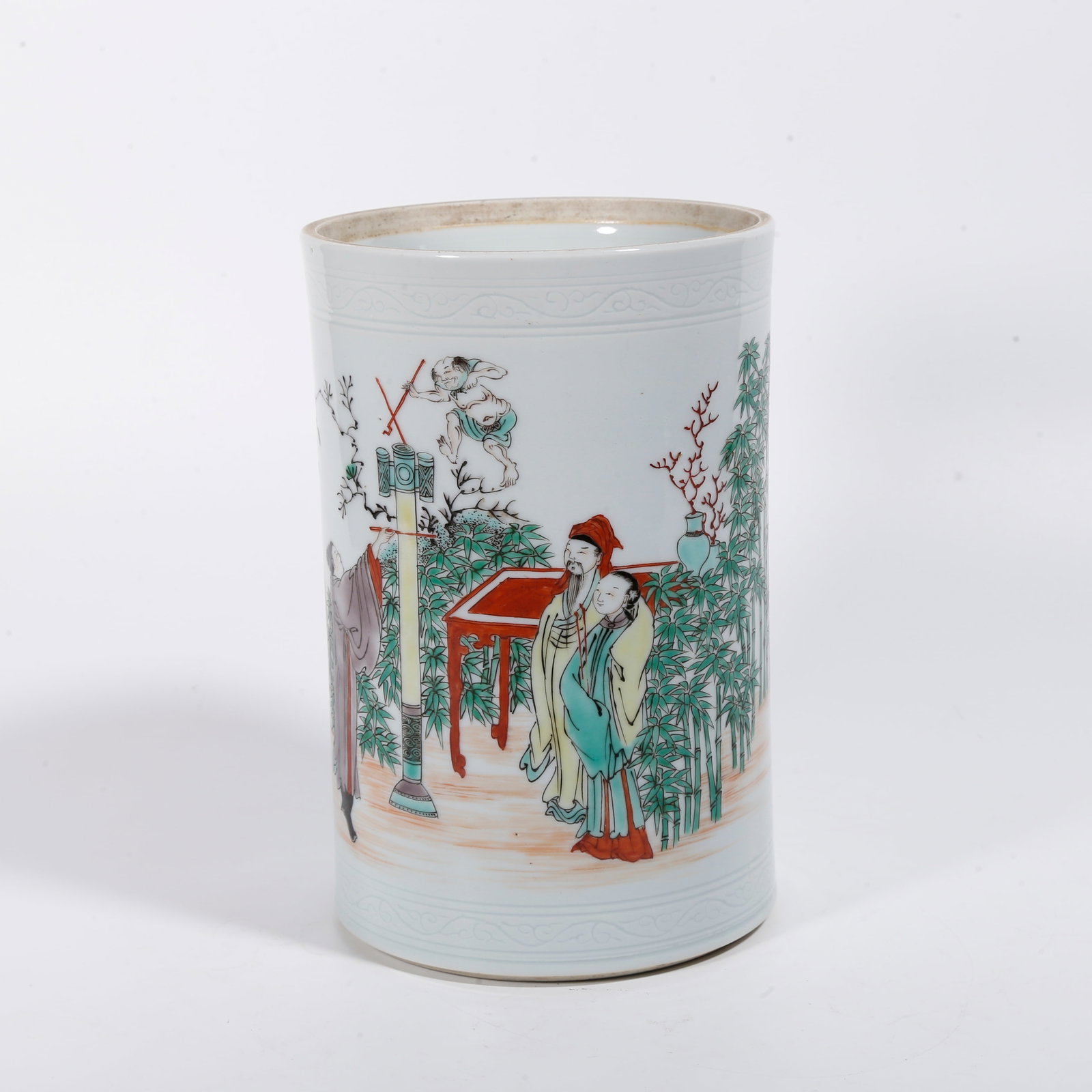 A WUCAI BRUSH POT WITH FIGURE STORY PATTERN (1 of 9)