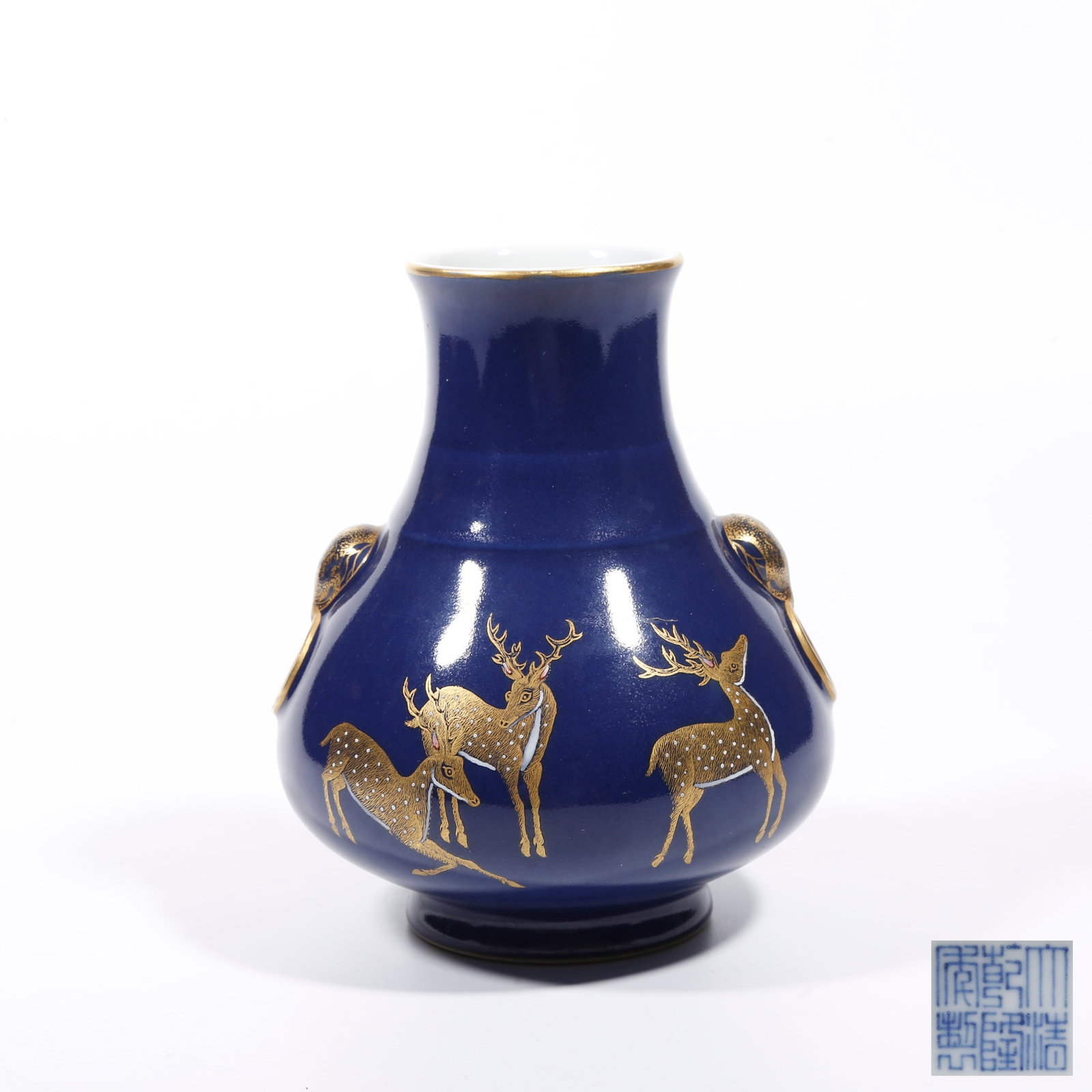 A JI BLUE GLAZE GILT-DECORATED DOUBLE-EARED VASE: Ji Blue Glaze Gilt-Decorated Double-Eared Vase