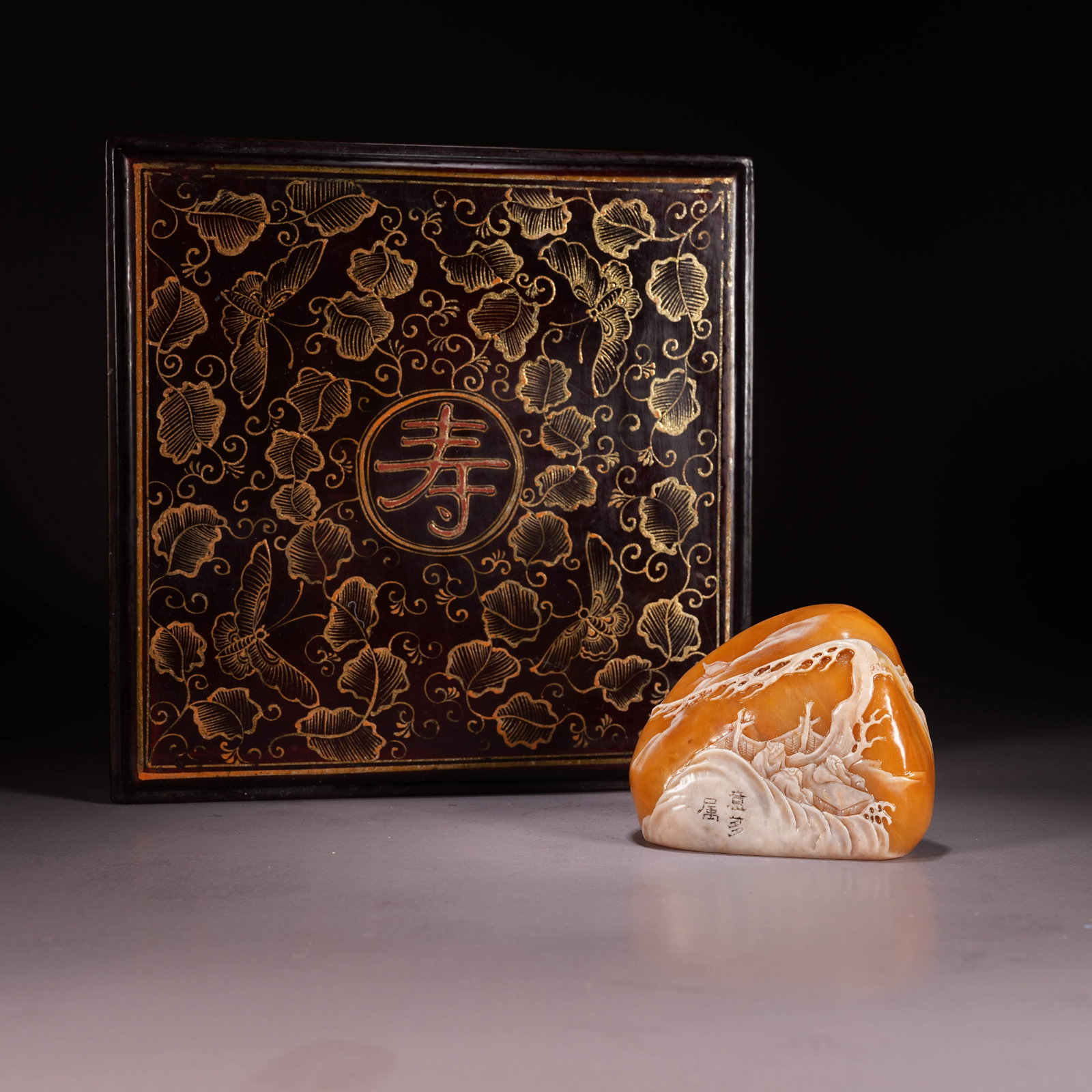 A SHOUSHAN STONE SEAL WITH CLEVER CARVING OF LANDSCAPE AND FIGURES: Shoushan Stone Seal with Clever Carving of Landscape and Figures