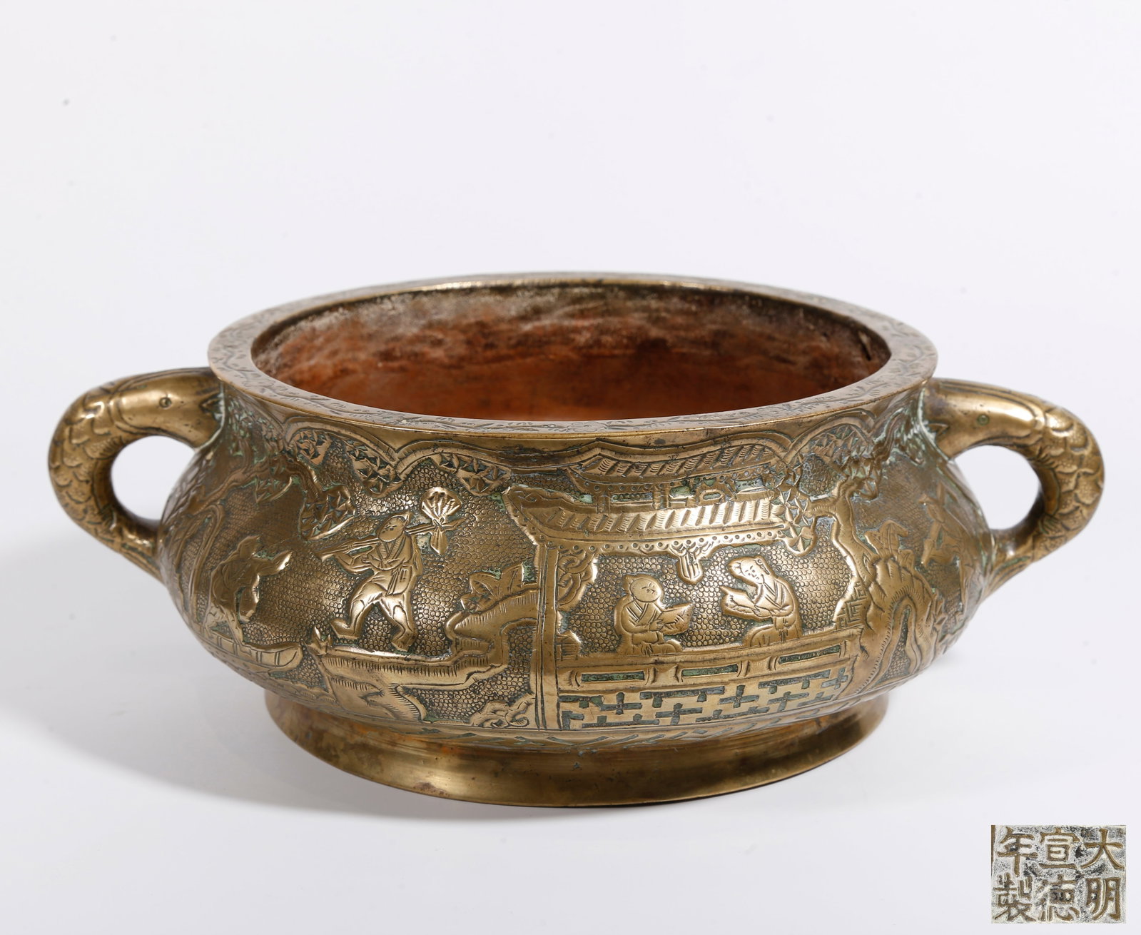 A BRONZE CENSER WITH FISH-SHAPED EARS CARVED WITH FIGURE STORIES (1 of 9)