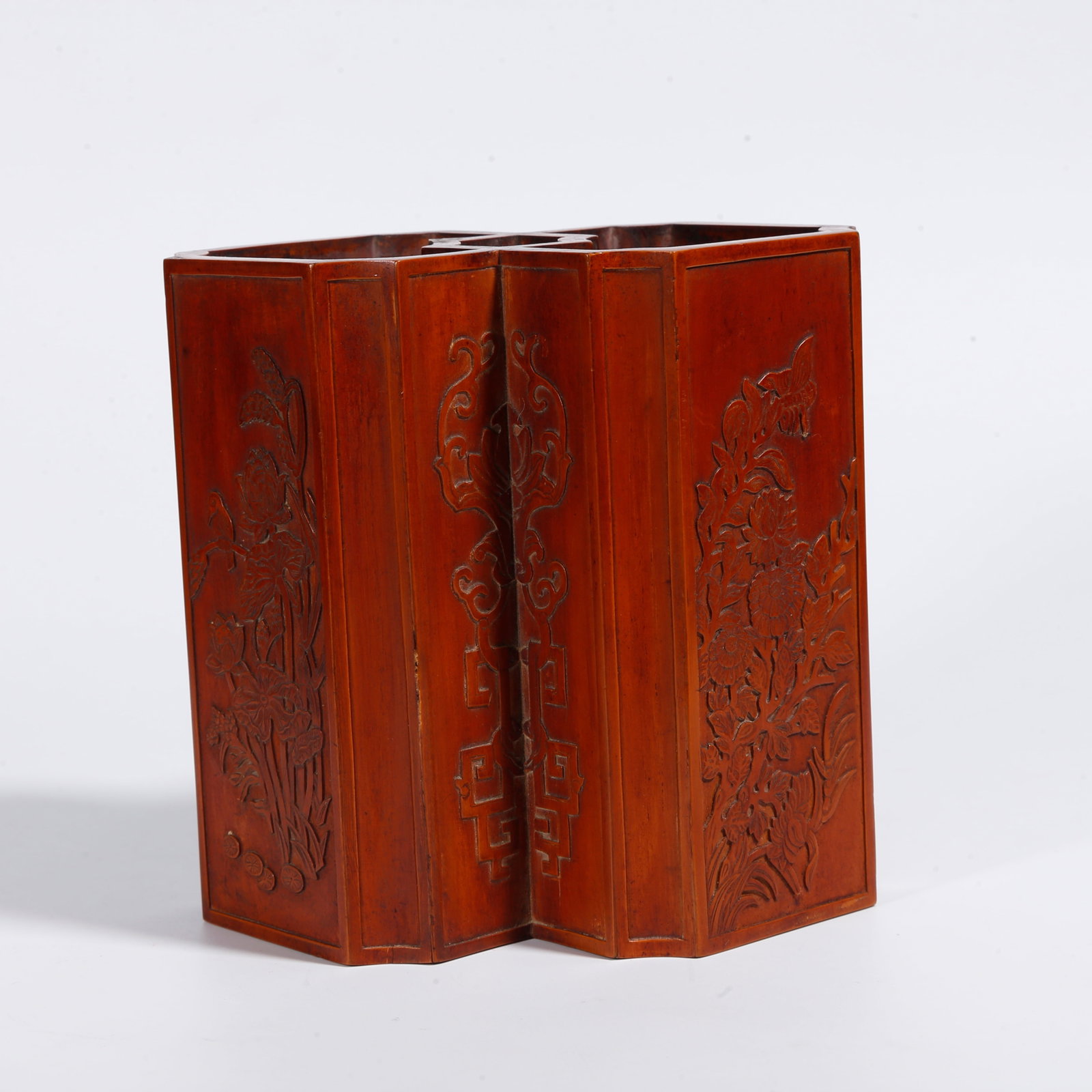 A BRUSH POT INLAID WITH CARVED BAMBOO SLABS DEPICTING FLOWERS AND BIRDS (1 of 9)