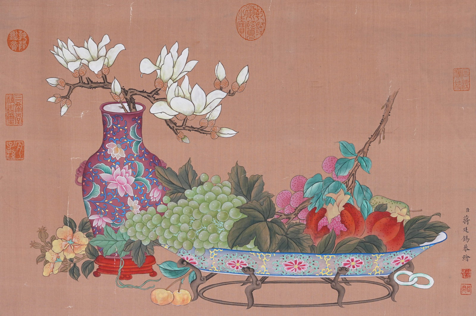 A MIRROR HEART ANTIQUE OFFERING PAINTING ON SILK BY JIANG TINGXI.蔣廷錫: Mirror Heart Antique Offering Painting on Silk by Jiang Tingxi.蔣廷錫
